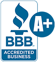 BBB Accredited Business logo with A+ rating in blue, representing trusted business certification.