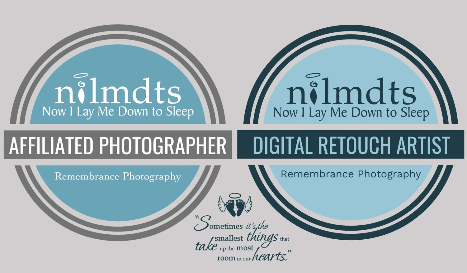 Two NILMDTS badges showing Affiliated Photographer and Digital Retouch Artist credentials for Remembrance Photography.