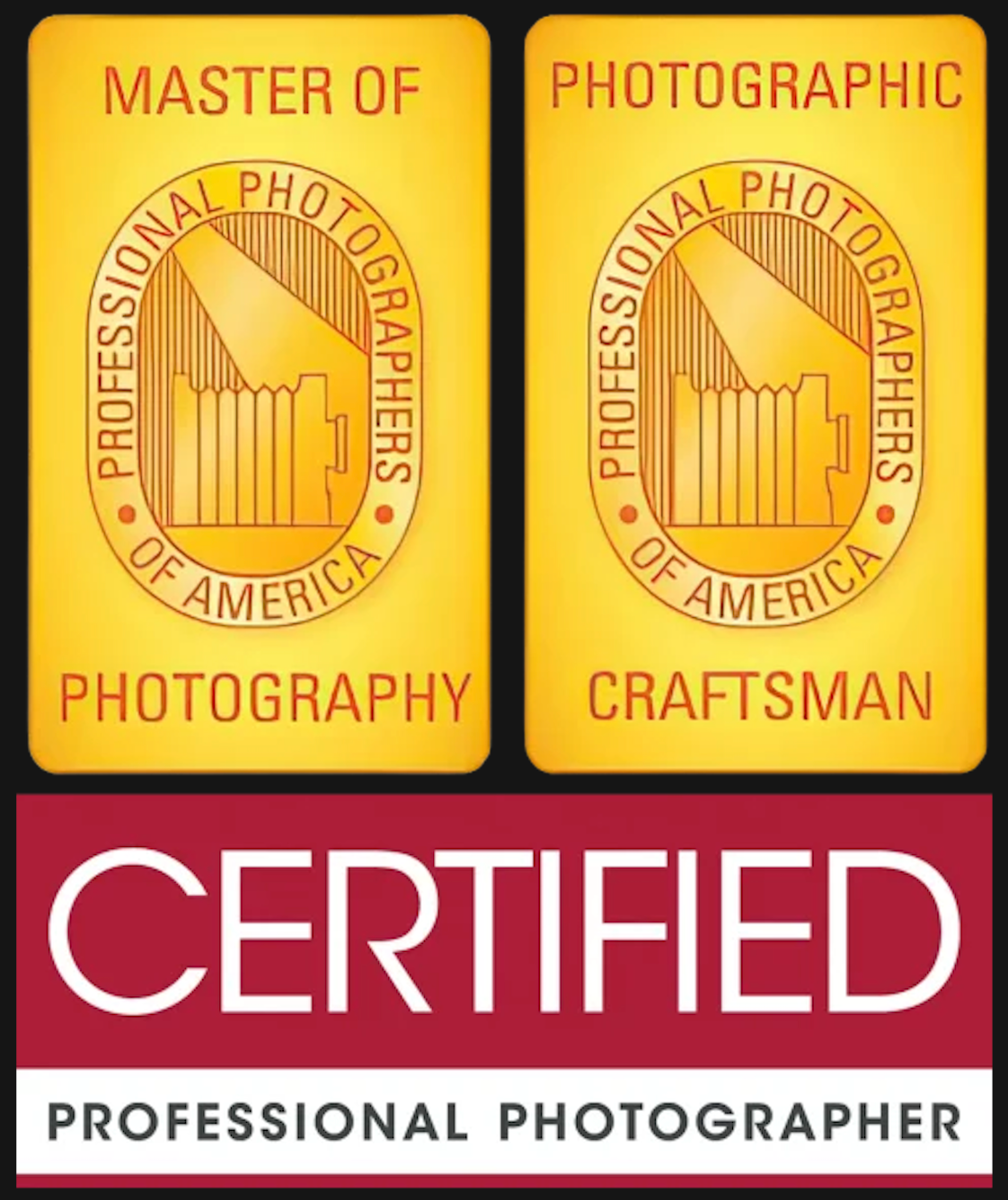 Professional Photographers of America Master of Photography and Photographic Craftsman Certified Professional Photographer badges.
