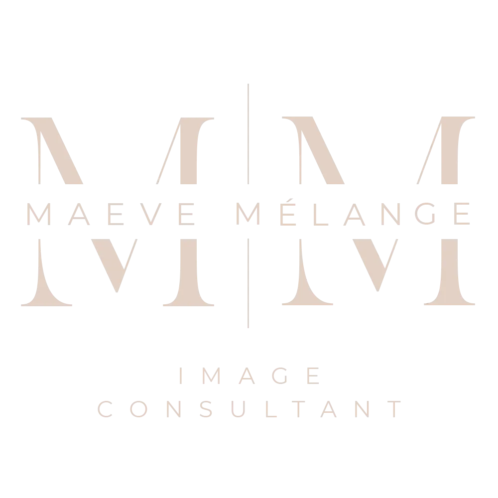 A minimalist logo design with 'MM' letters and 'MAEVE MELANGE IMAGE CONSULTANT' text in a neutral beige color.