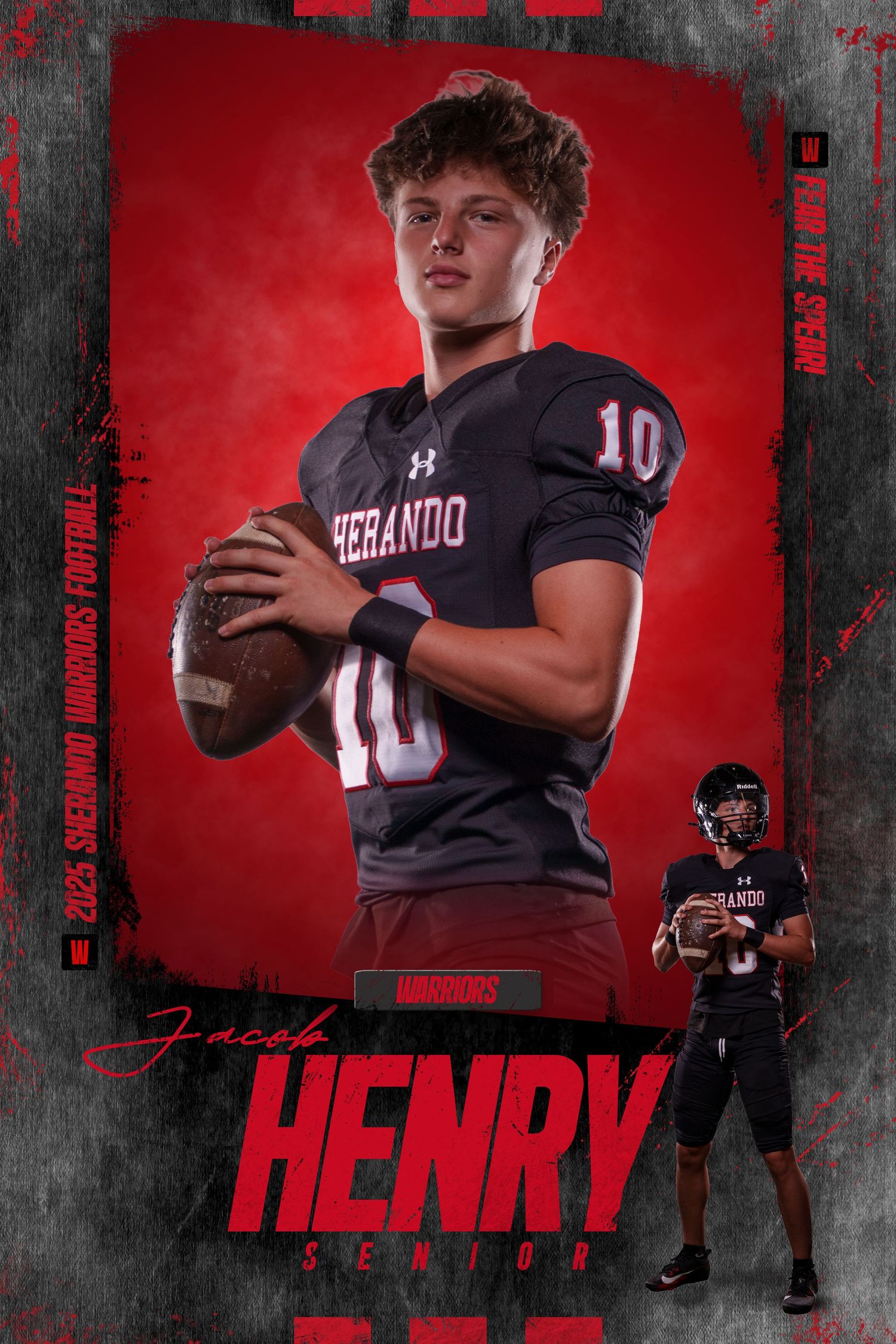 Football player in navy uniform poses with ball against red background in dramatic sports portrait series.
