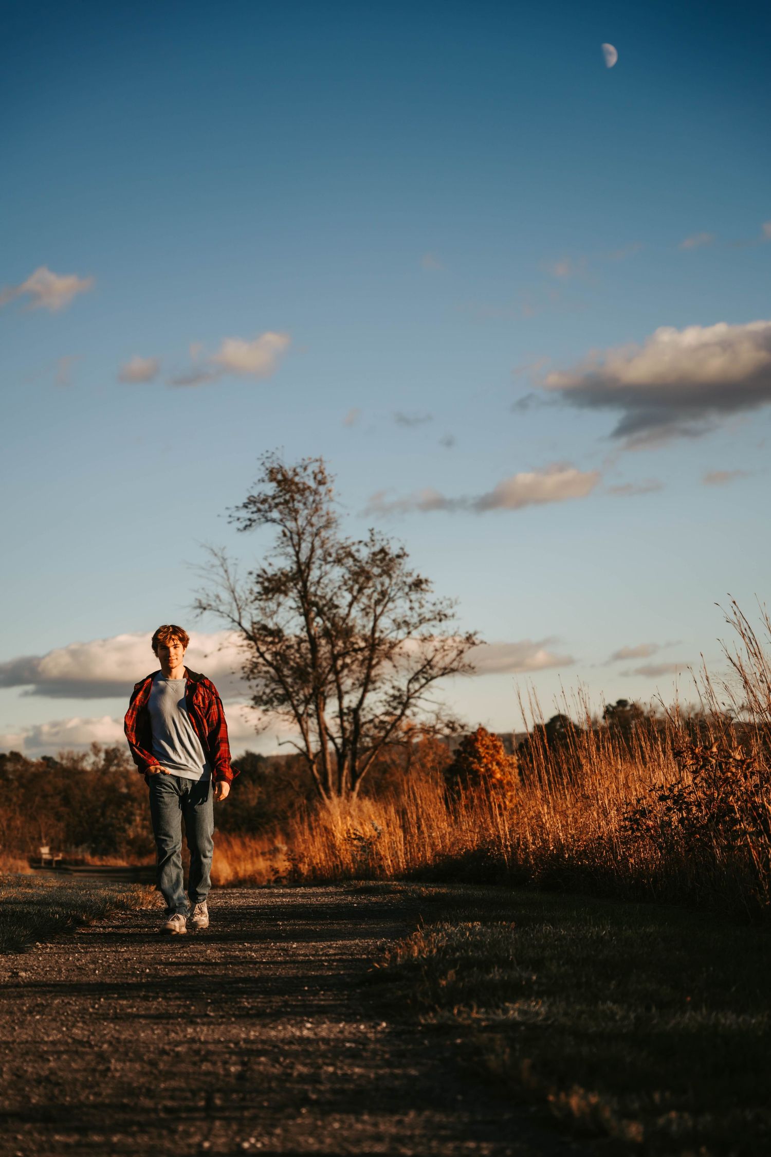 A person in a red jacket walks through a golden field at sunset with bare trees silhouetted against the sky.