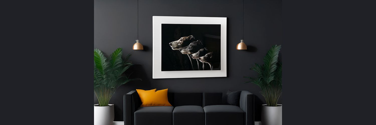 Fine Art Wall display of beloved pets in modern living room. Created for discerning client, a timeless heirloom with heart.