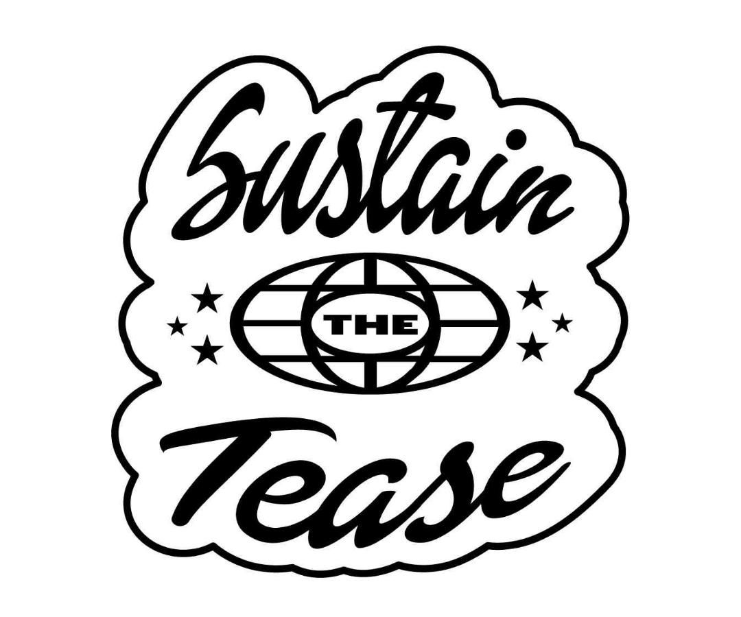 Black and white Sustain the Tease logo with retro script lettering, stars, and a globe design.