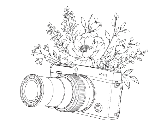 Detailed black line drawing of a vintage-style camera with a bouquet of blooming flowers rising from its top.