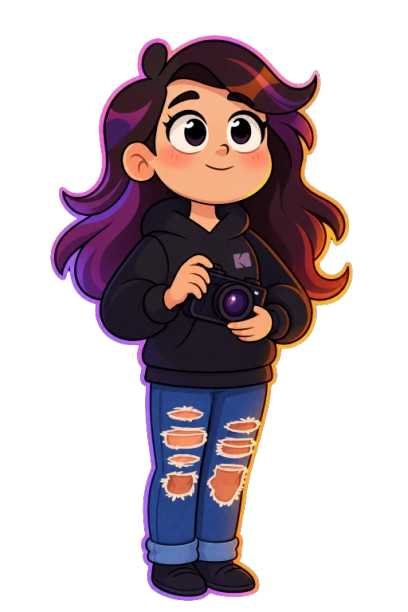 Cartoon sticker of a girl with long wavy purple hair, black hoodie and ripped jeans holding a camera on a transparent background.