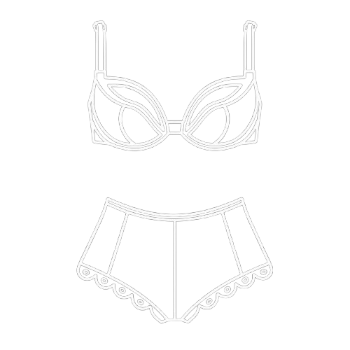 White line art illustration of a lingerie set with a balconette bra and scalloped-hem briefs on a dark background.