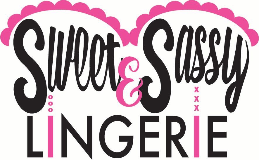 Sweet & Sassy Lingerie logo with black script lettering and a pink scalloped bra-shaped outline.