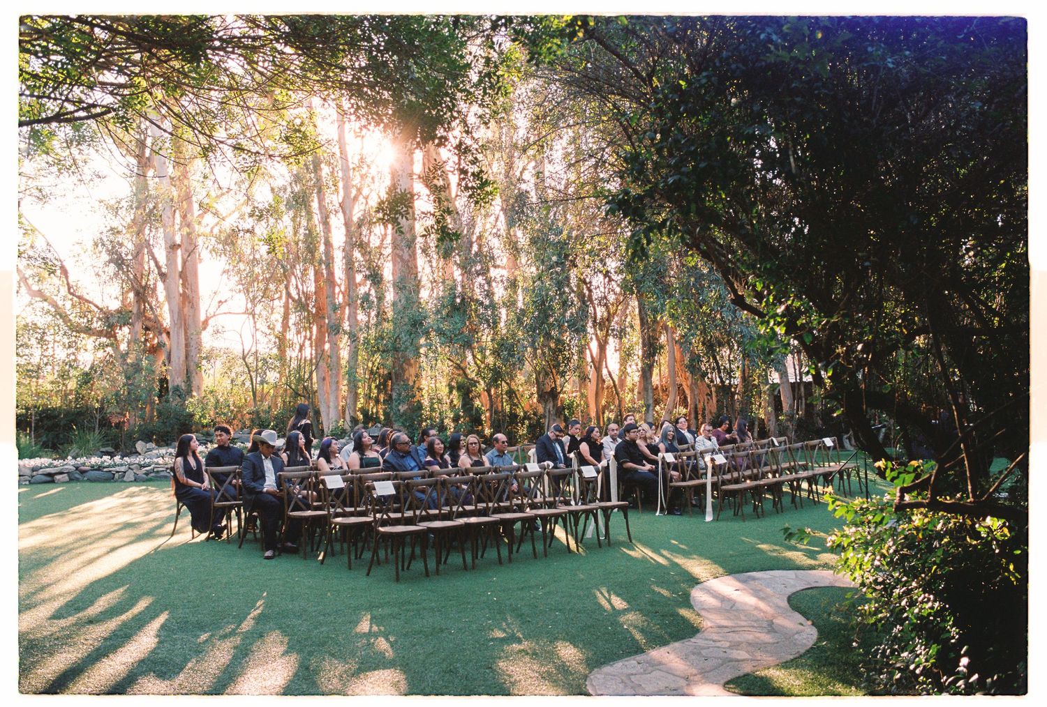 Outdoor wedding ceremony with guests seated on chairs surrounded by tall trees with golden sunlight filtering through.
