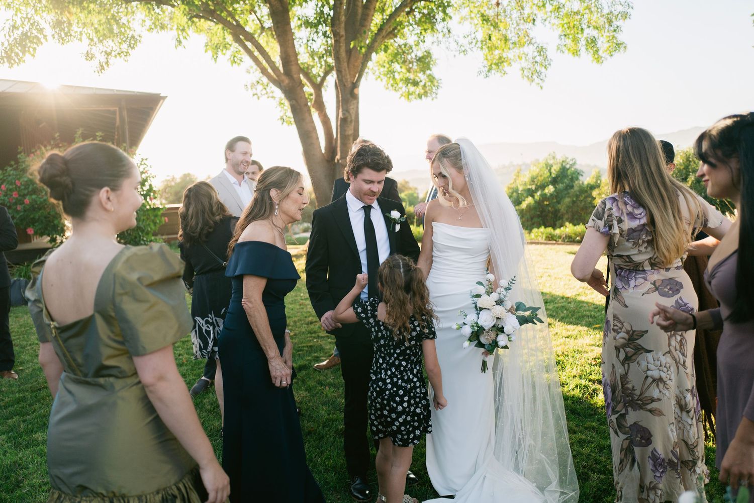 Bride in white gown and groom mingle with wedding guests on a sunlit lawn during reception.