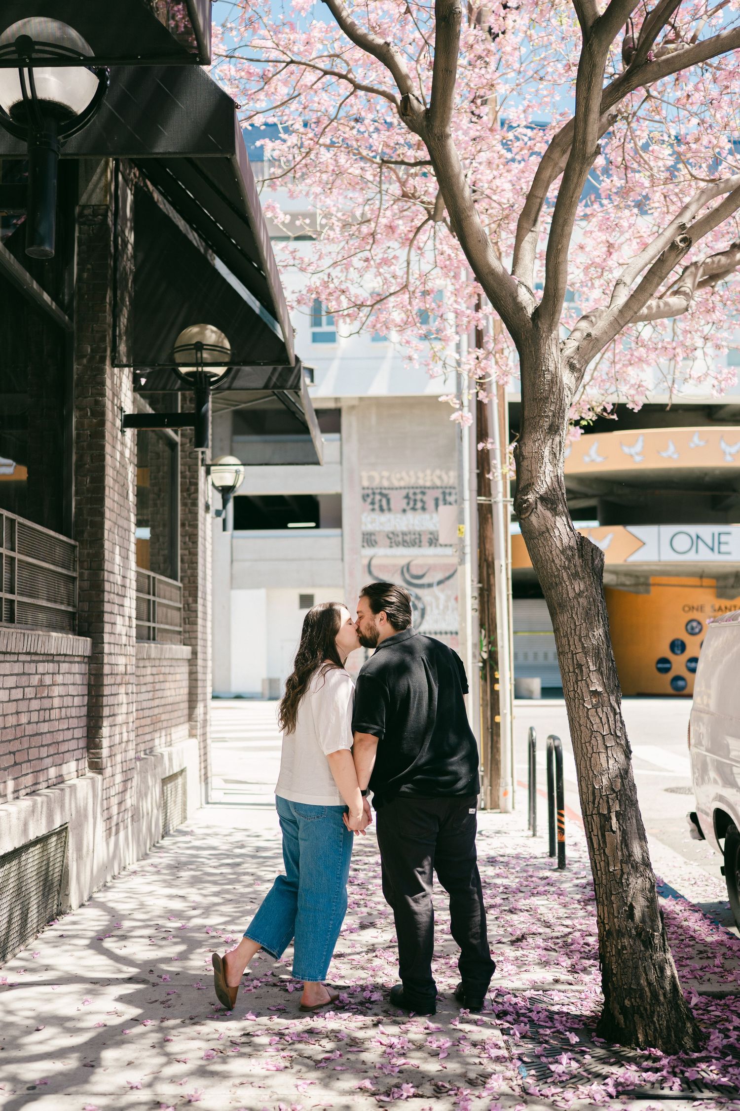 Romantic couple kissing under blooming pink cherry blossom trees on a sunny urban sidewalk in the city.