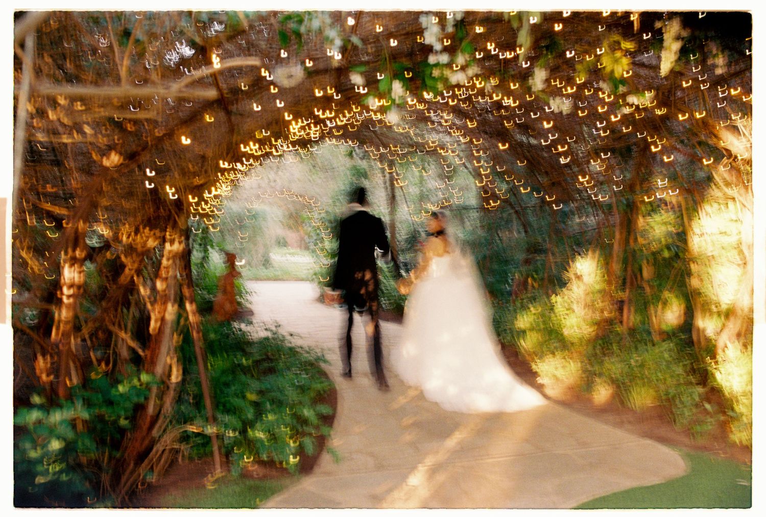 Bride and groom walk hand in hand through a romantic garden tunnel adorned with twinkling lights.