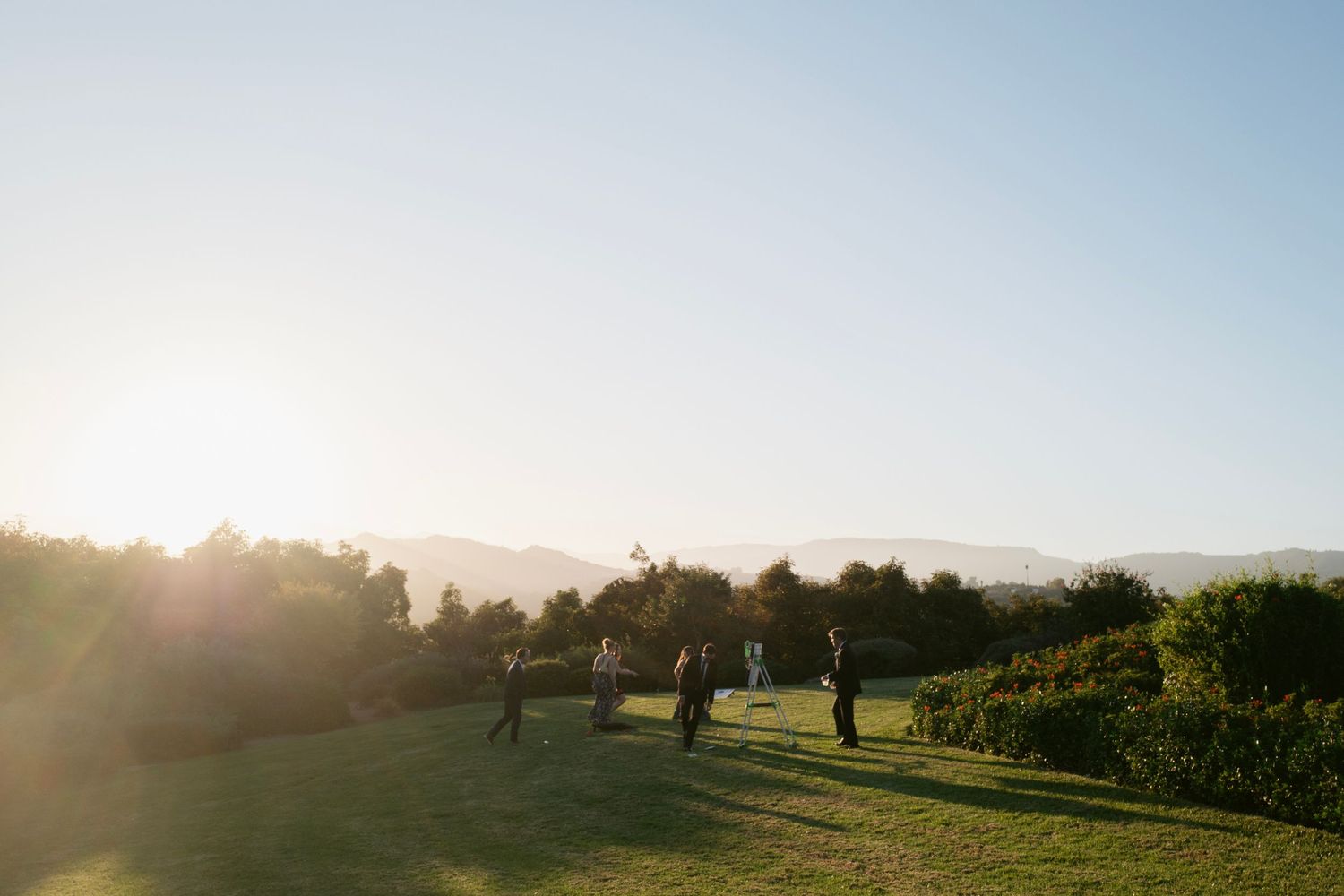 Wedding guests gather on a sunlit lawn with stunning mountain views during a golden hour celebration.