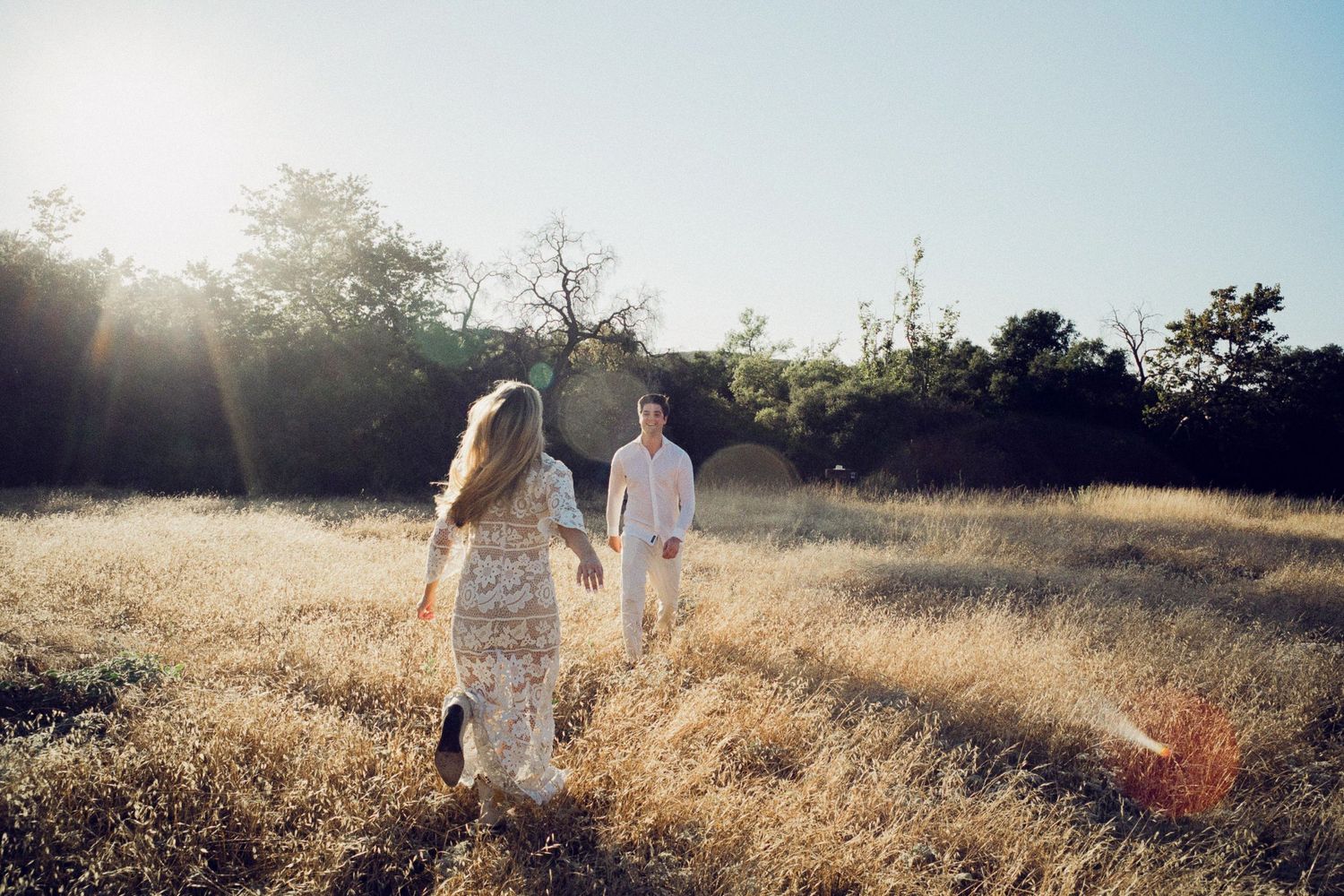 Couple walking hand in hand through golden sunlit meadow with trees in background.