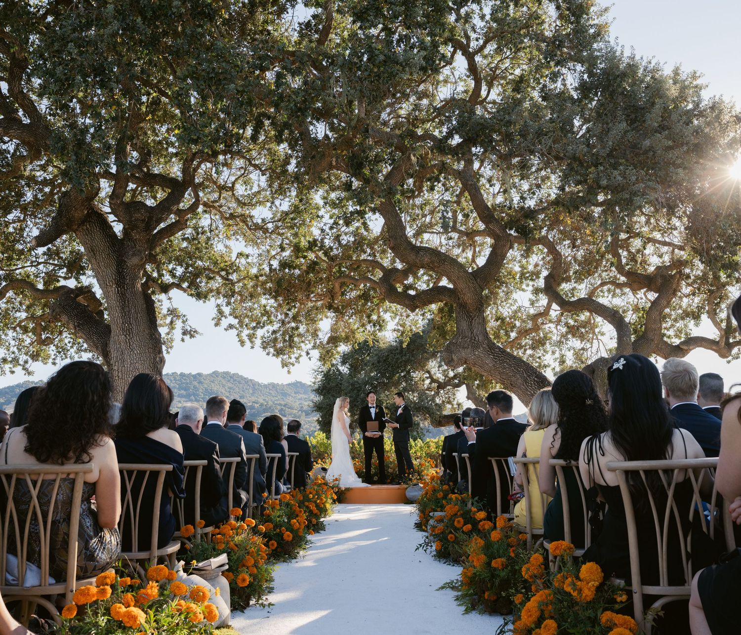 Outdoor wedding ceremony under oak trees with orange floral aisle decor and guests seated in white chairs.
