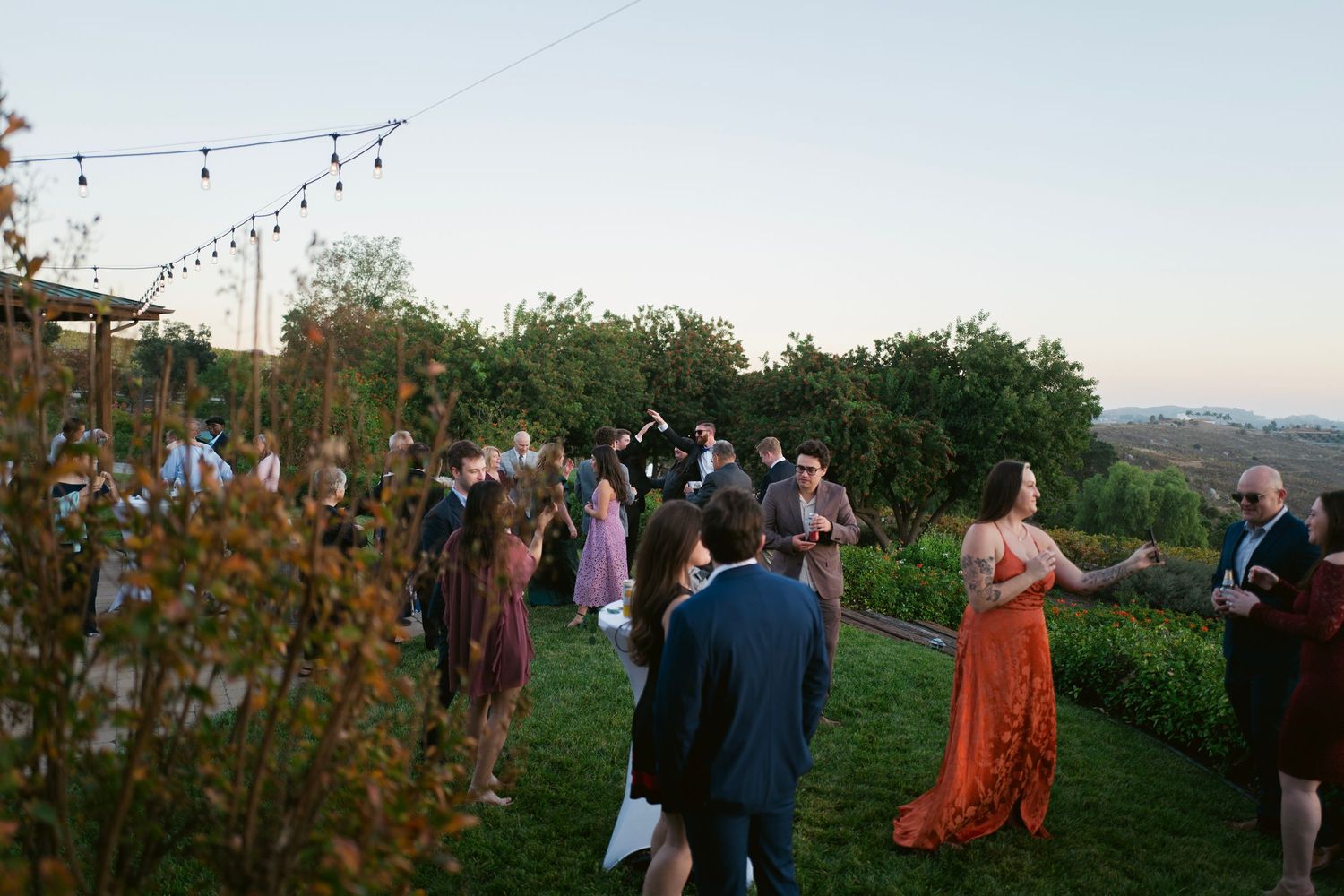 Outdoor wedding cocktail hour with guests mingling on a garden lawn with string lights and scenic hillside views at dusk.