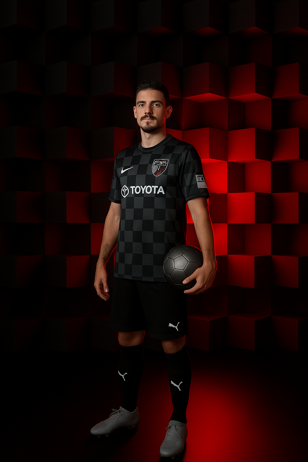 Soccer player wearing a black checkered Toyota jersey stands against a dark red and black geometric background.