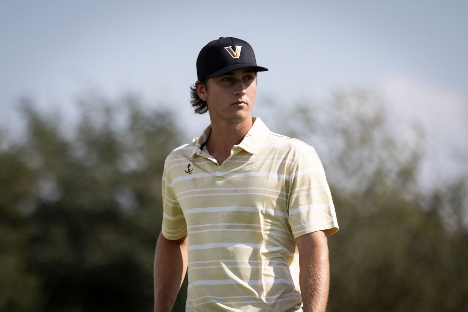 Golfer in pale yellow striped polo and dark cap poses on golf course.