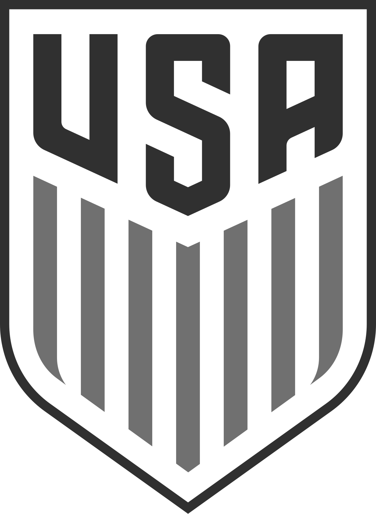 Modern black and white USA Soccer crest with vertical stripes and shield design.