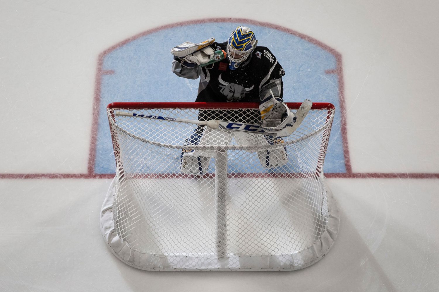 Hockey goalie in protective gear positioned in front of the net.