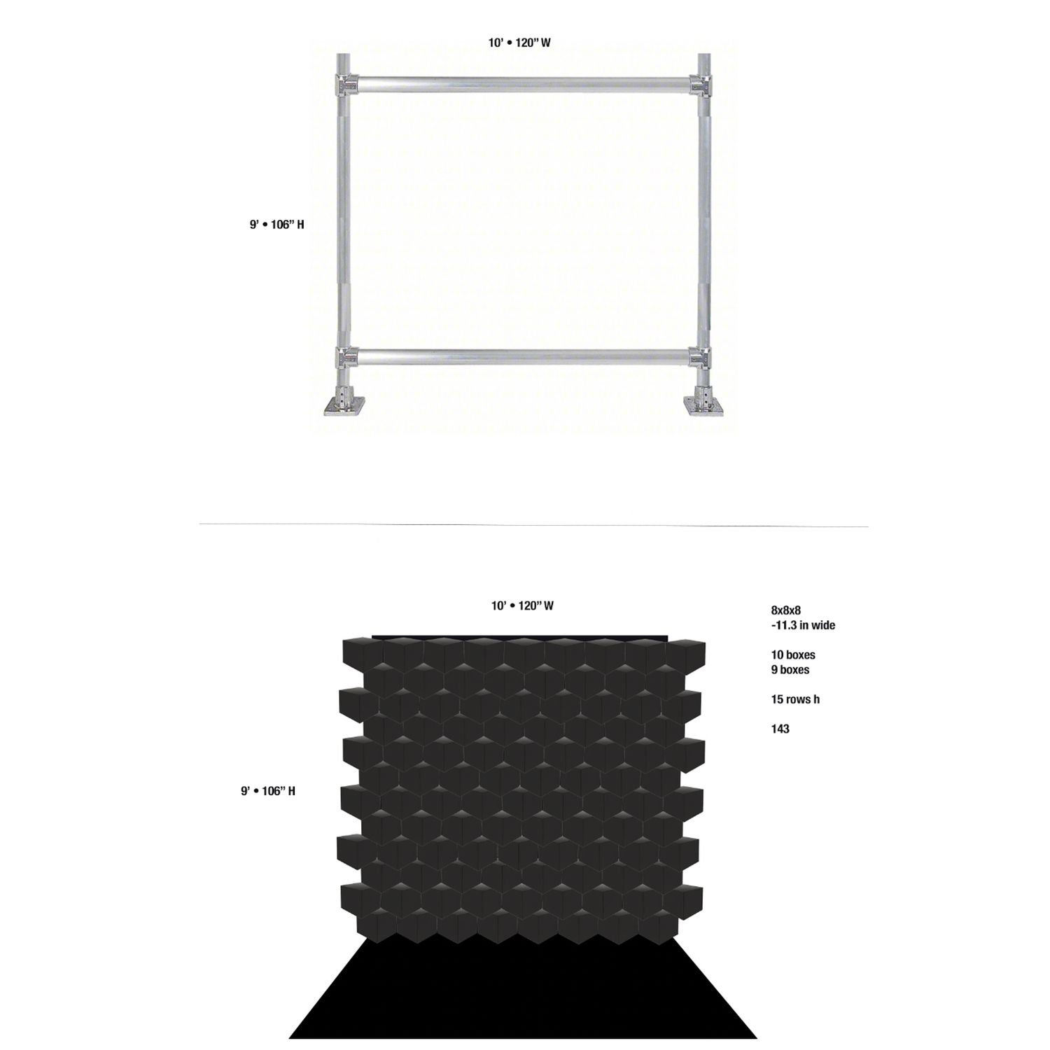 Technical diagram showing a metal frame structure above and a black honeycomb textured surface pattern below.