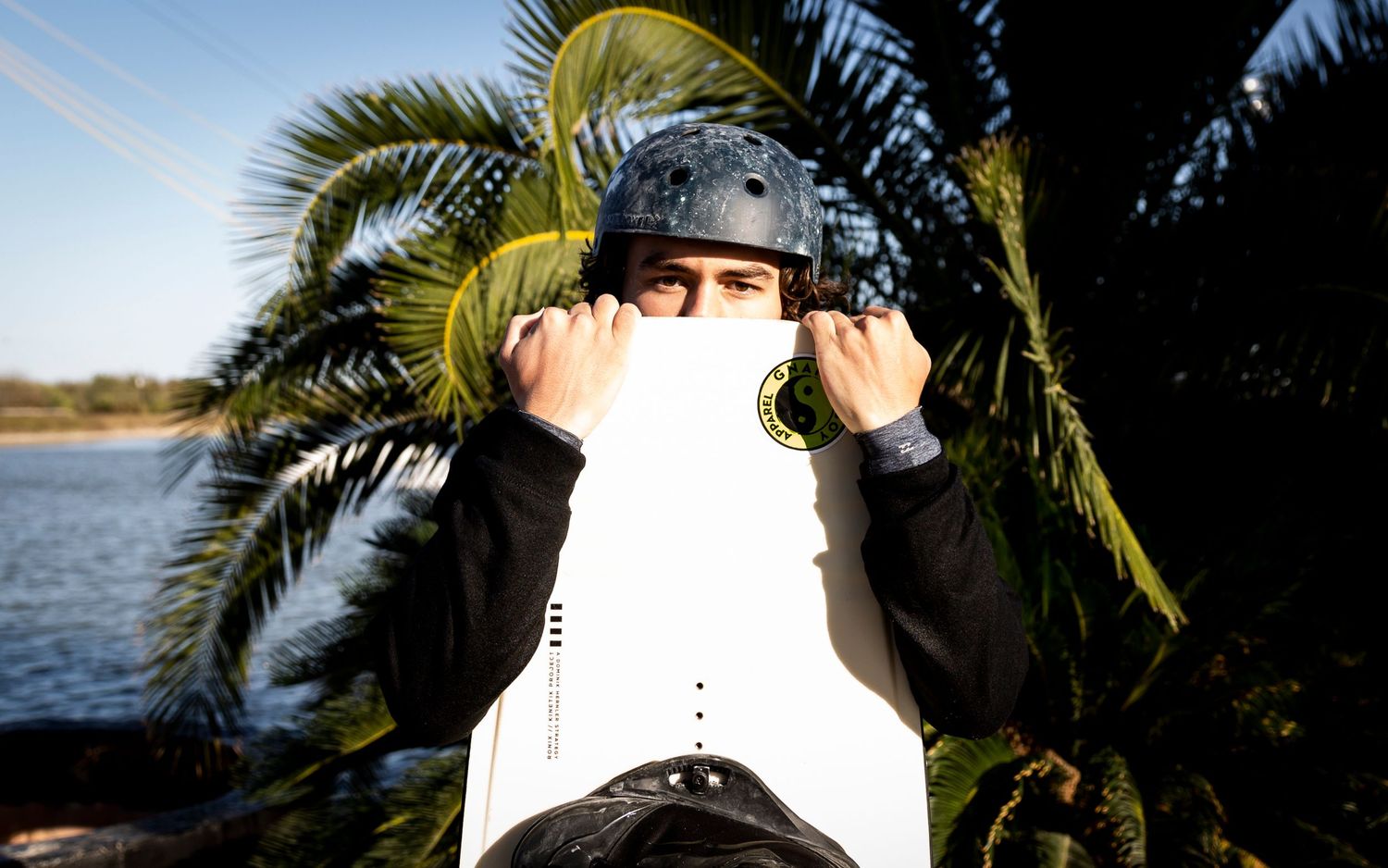 Person holding skateboard in front of palm trees at sunset.