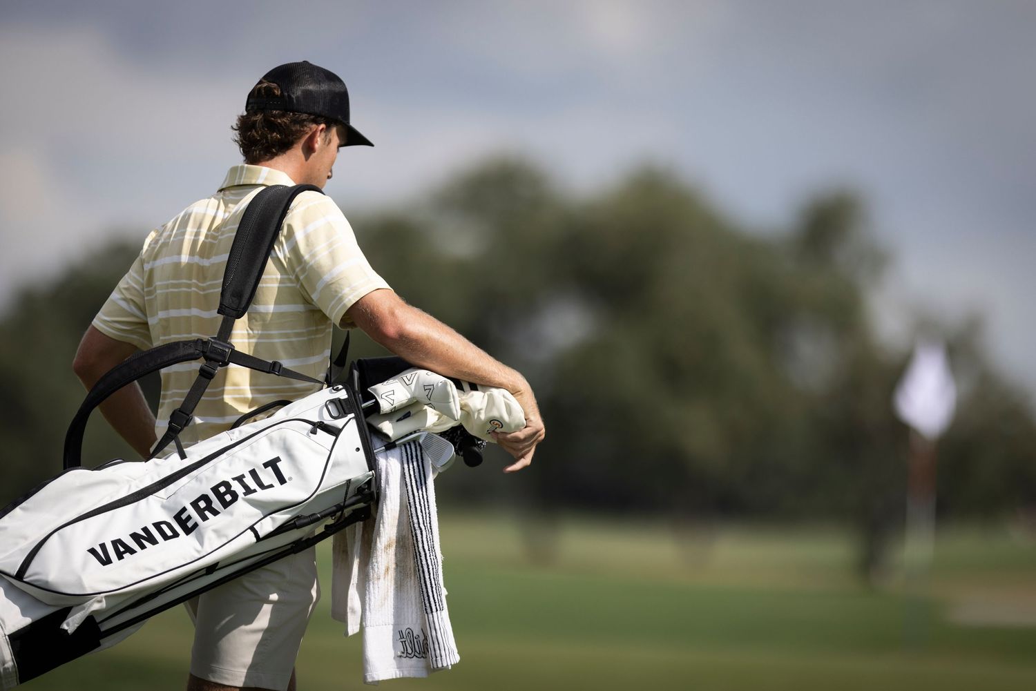 Golfer carrying TaylorMade golf bag looks across scenic course.