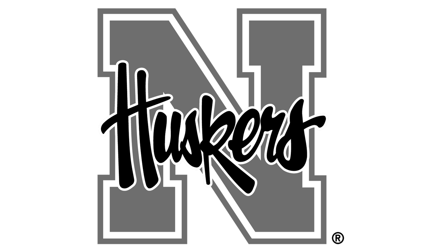 Black and white Nebraska Huskers athletic logo featuring stylized N and Huskers text.