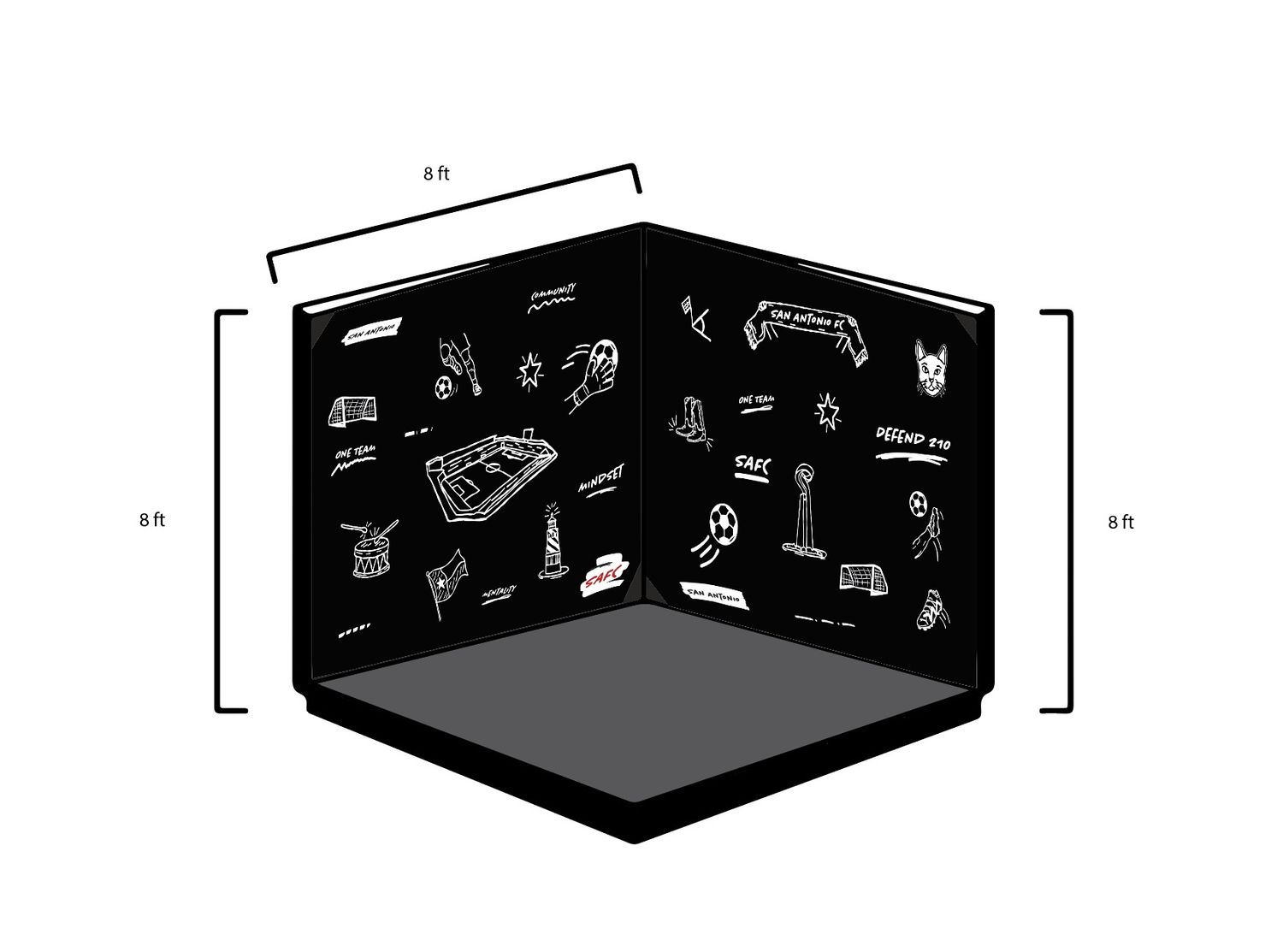 Three isometric views of a dark room with scattered objects and furniture shown from different angles.