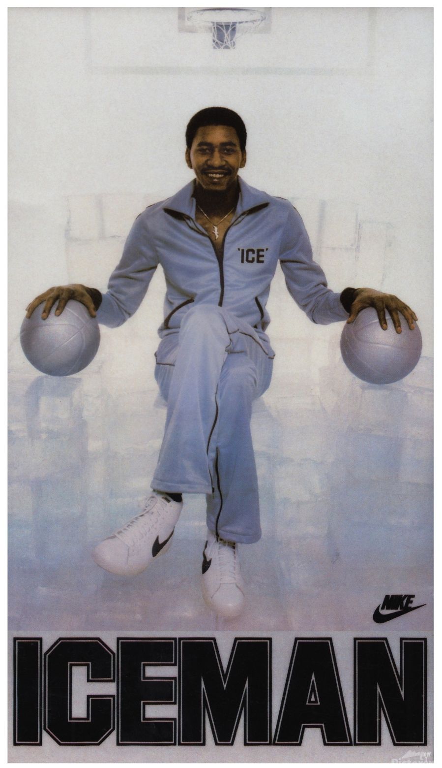 A series of three vintage Nike Ice Man promotional photos showing a person in light blue athletic wear holding basketballs.