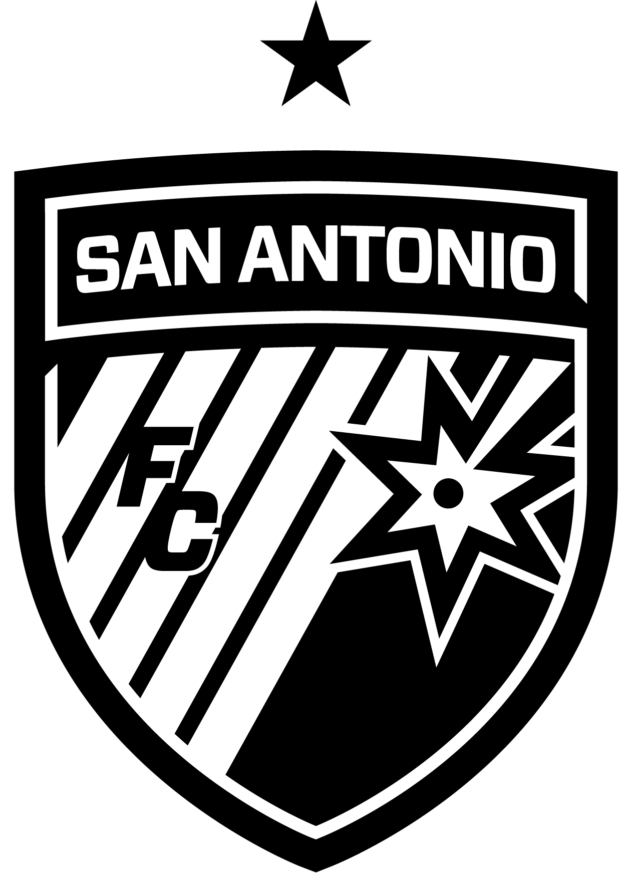 Black and white San Antonio FC soccer shield logo with star and diagonal stripes.