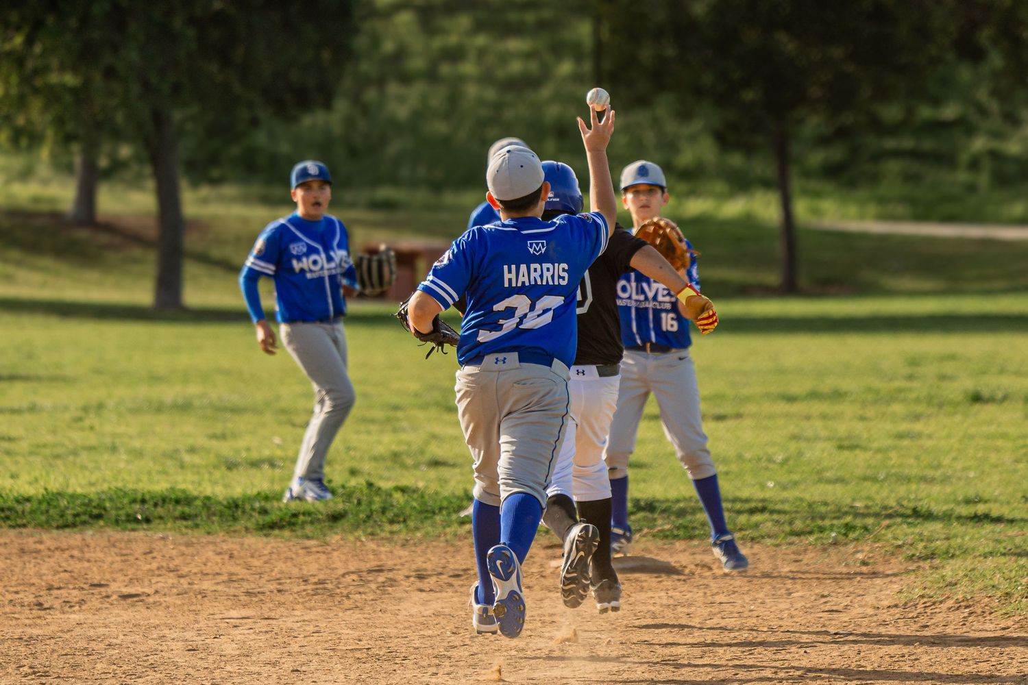 Baseball players in blue uniforms practicing on a sunlit field.