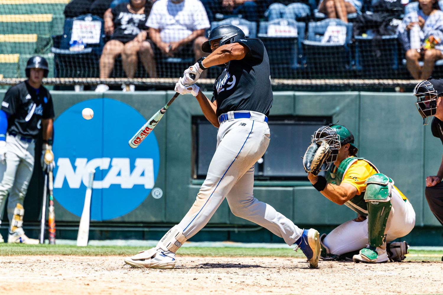 NCAA baseball batter swings at pitch as catcher crouches behind home plate during competitive college game.