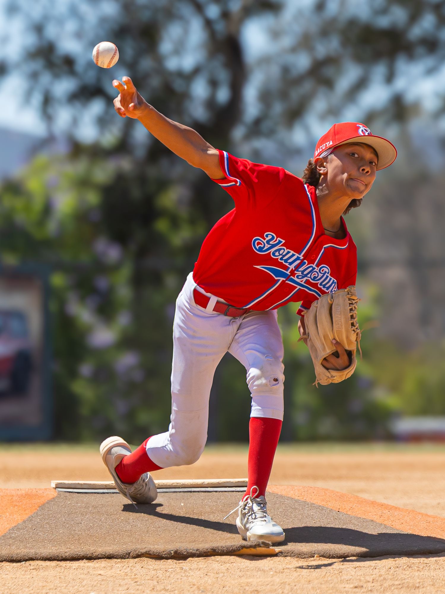 Baseball pitcher in red uniform throws pitch from mound during game.