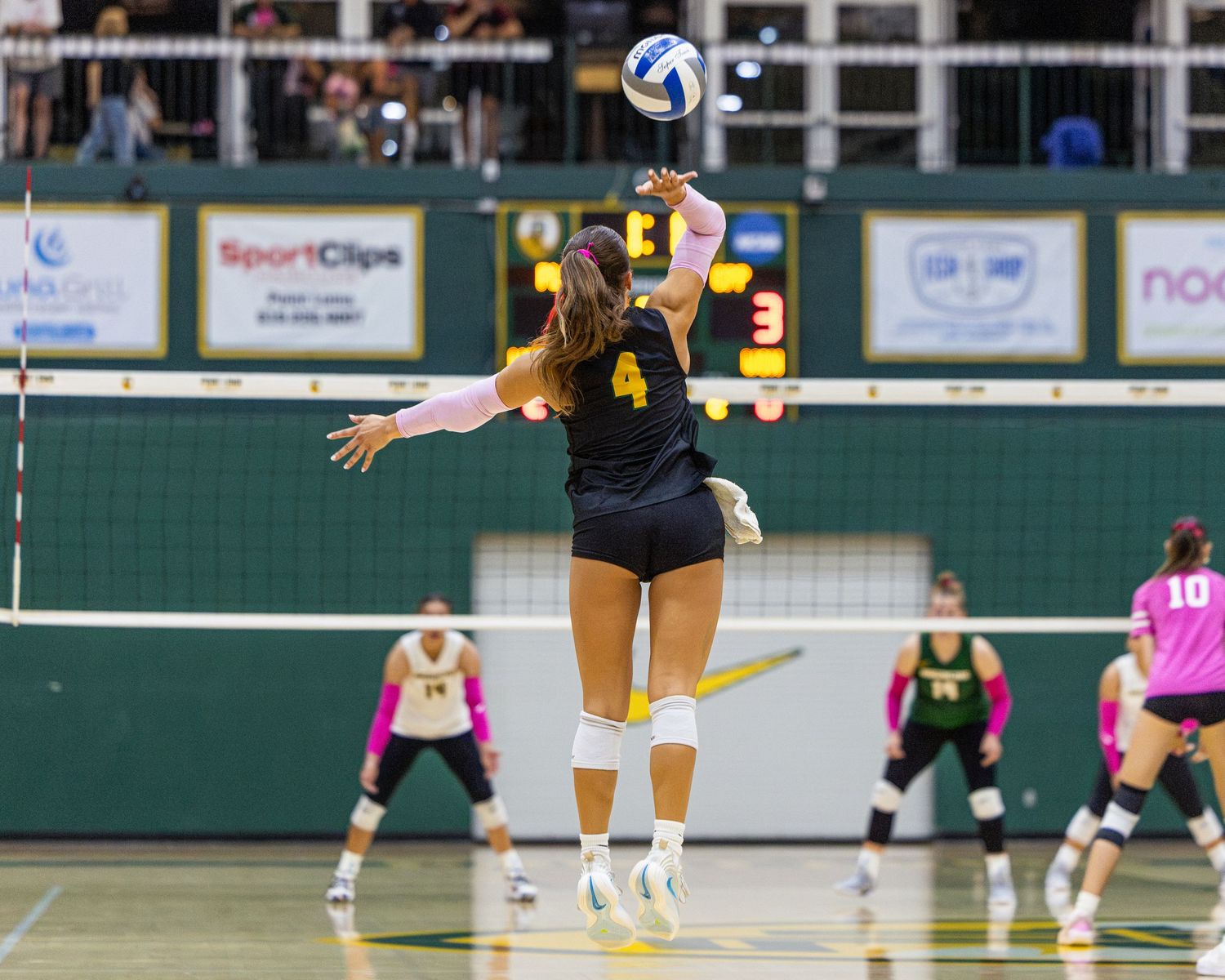 Volleyball player in a black number 4 jersey serves the ball overhead while opposing players in green and pink crouch ready on the court.