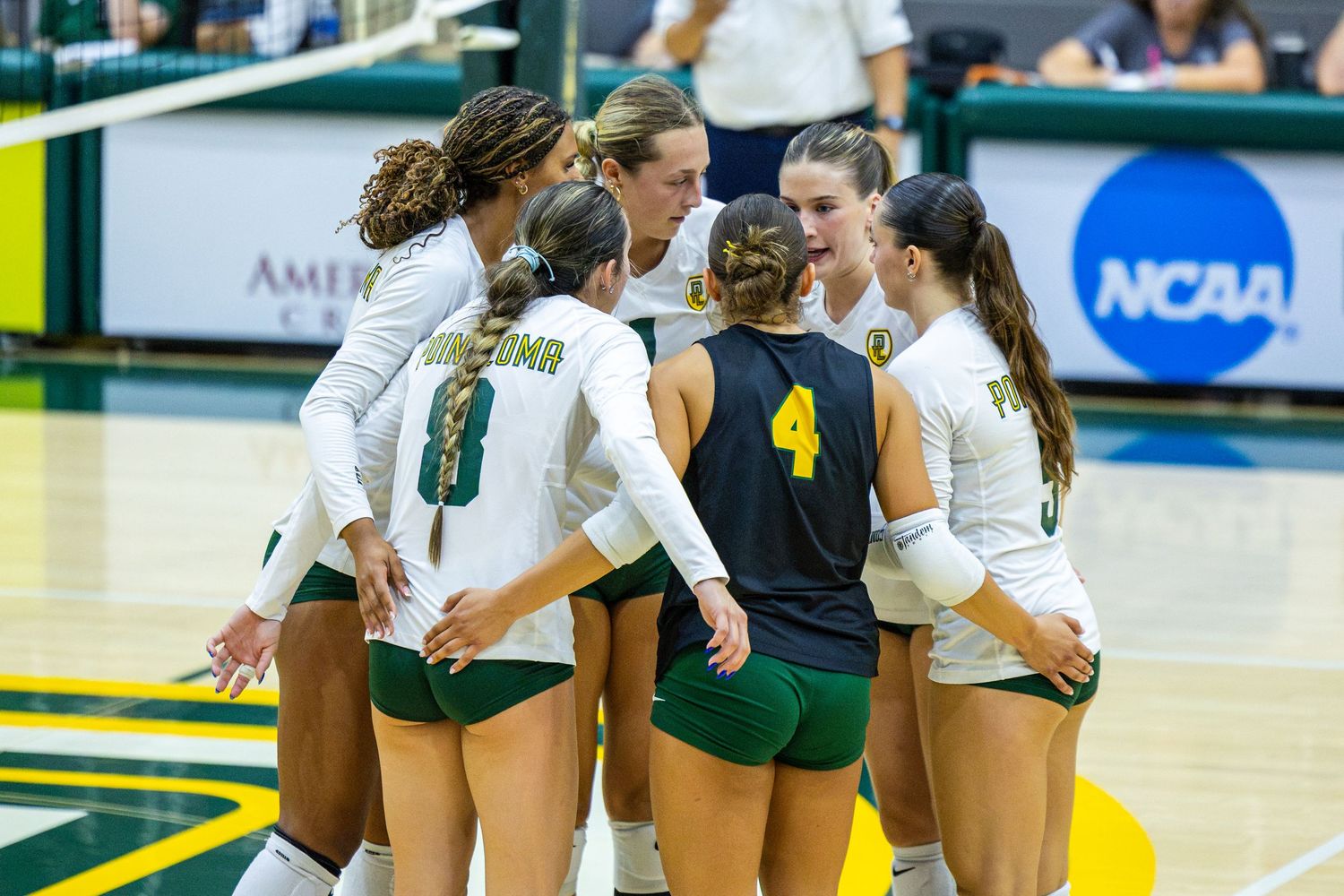 Women's volleyball team in green and white uniforms huddles on the court during a college match with an NCAA banner behind them.