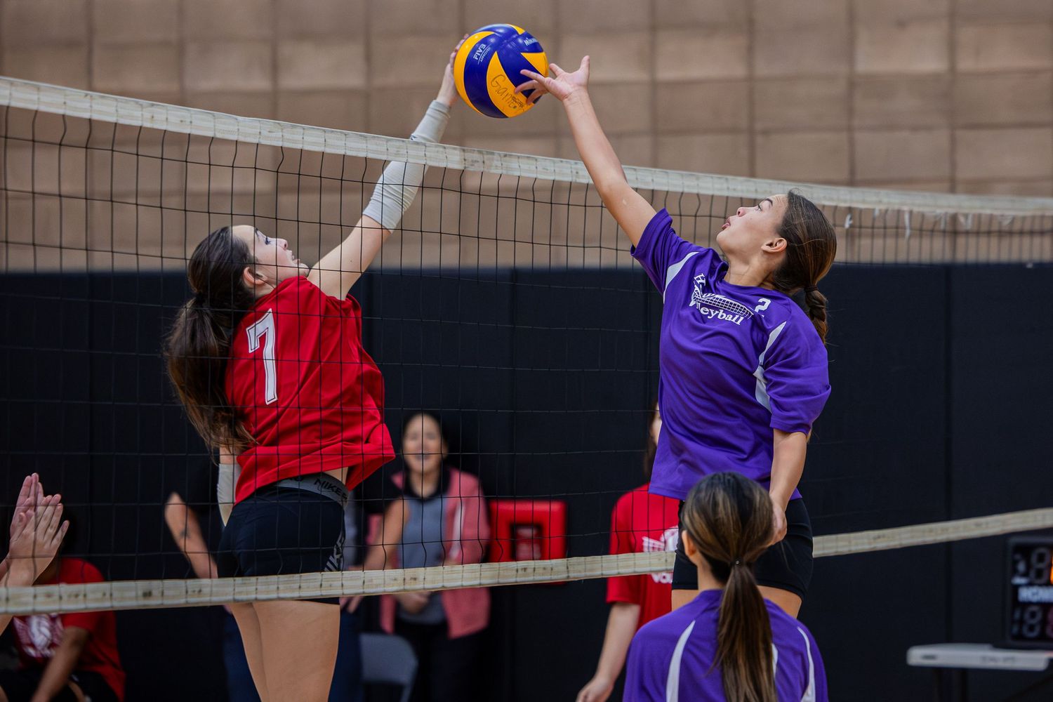 Volleyball players jump to block and spike during an indoor match.
