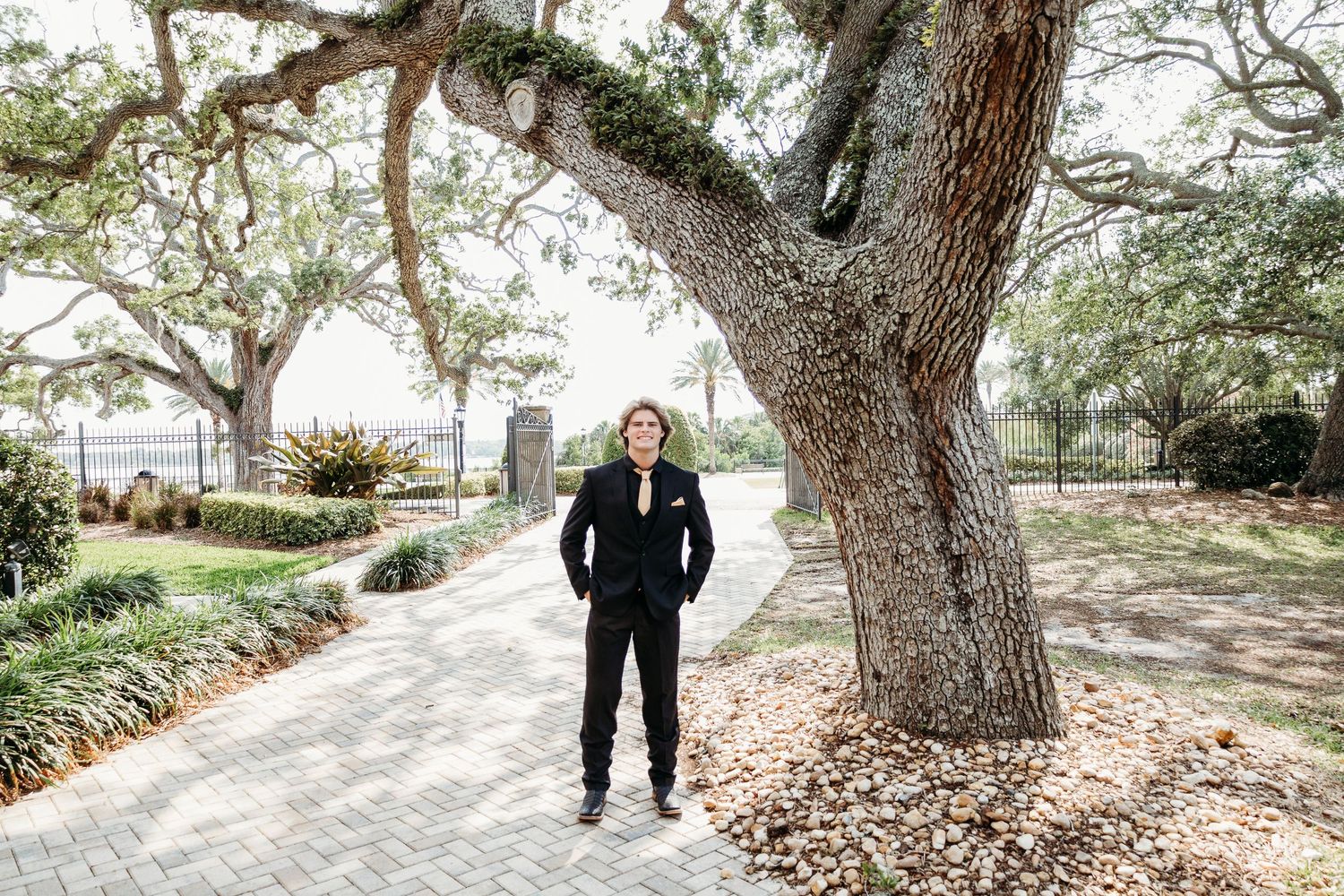 A scenic outdoor path winds through majestic oak trees and natural landscaping.