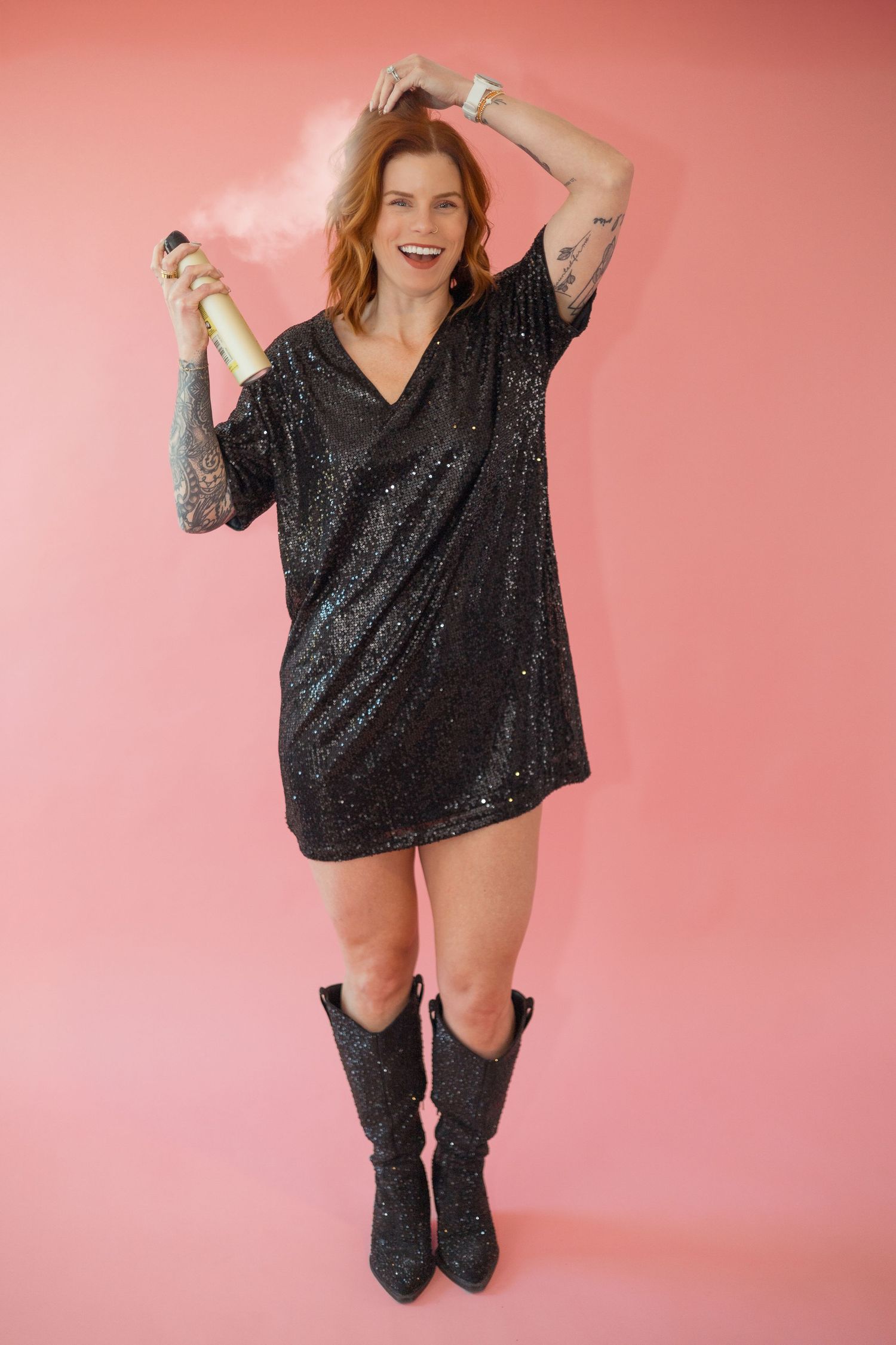 Sequence of poses in a sparkly black dress against a pink backdrop.