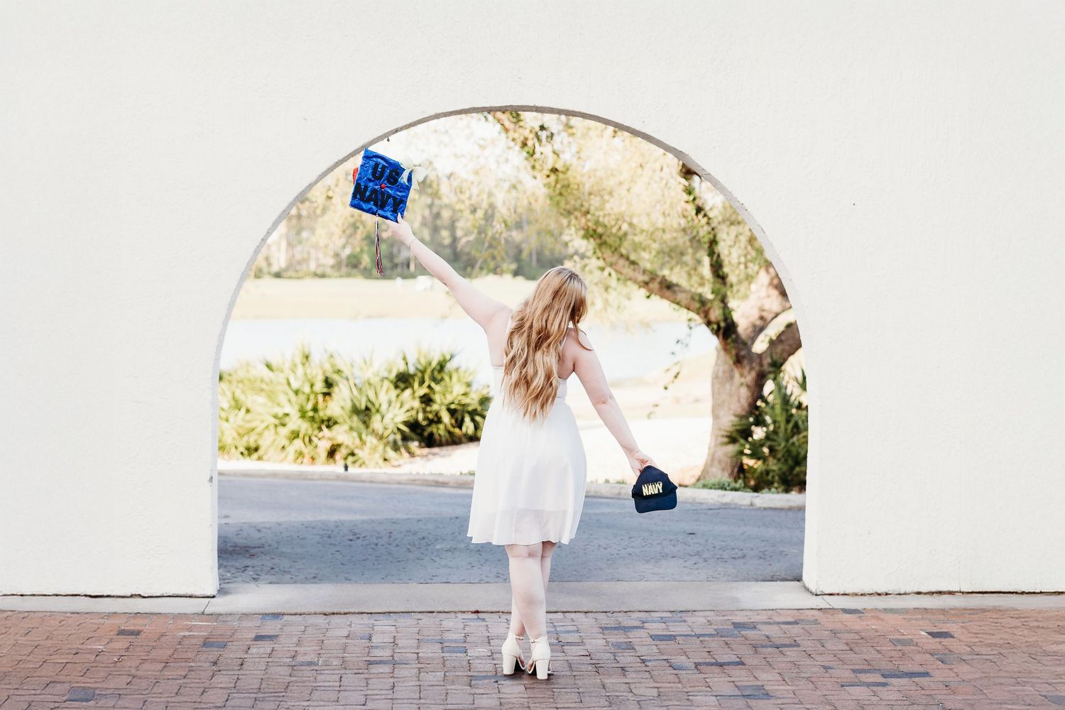 Series of outdoor photos showing a white dress against bright backgrounds.