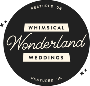 Black circular badge with 'Whimsical Wonderland Weddings' text and decorative stars featured on white text elements.