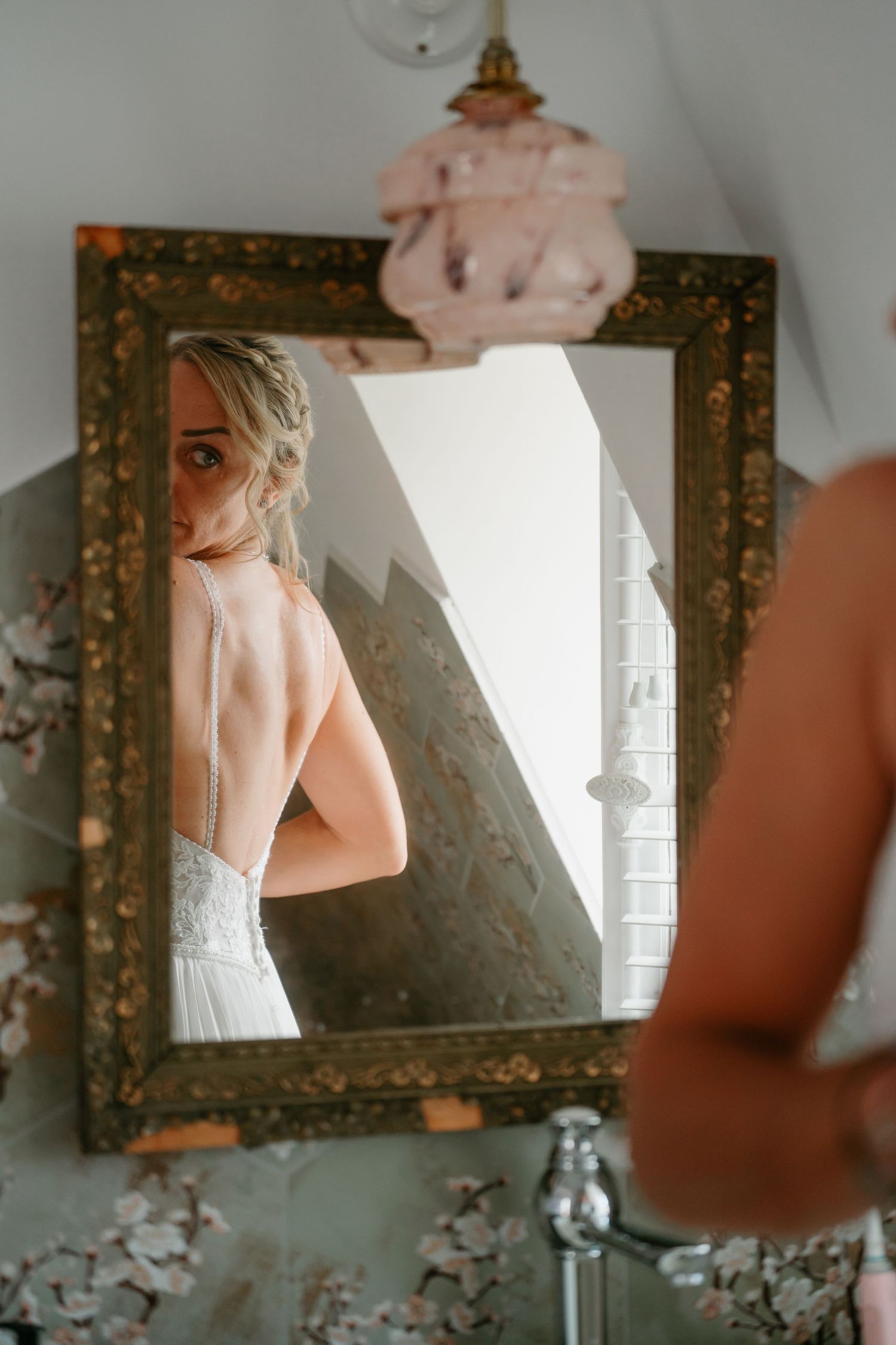 Artistic triptych of reflections in ornate mirrors showing soft pink and ethereal romantic boudoir imagery.
