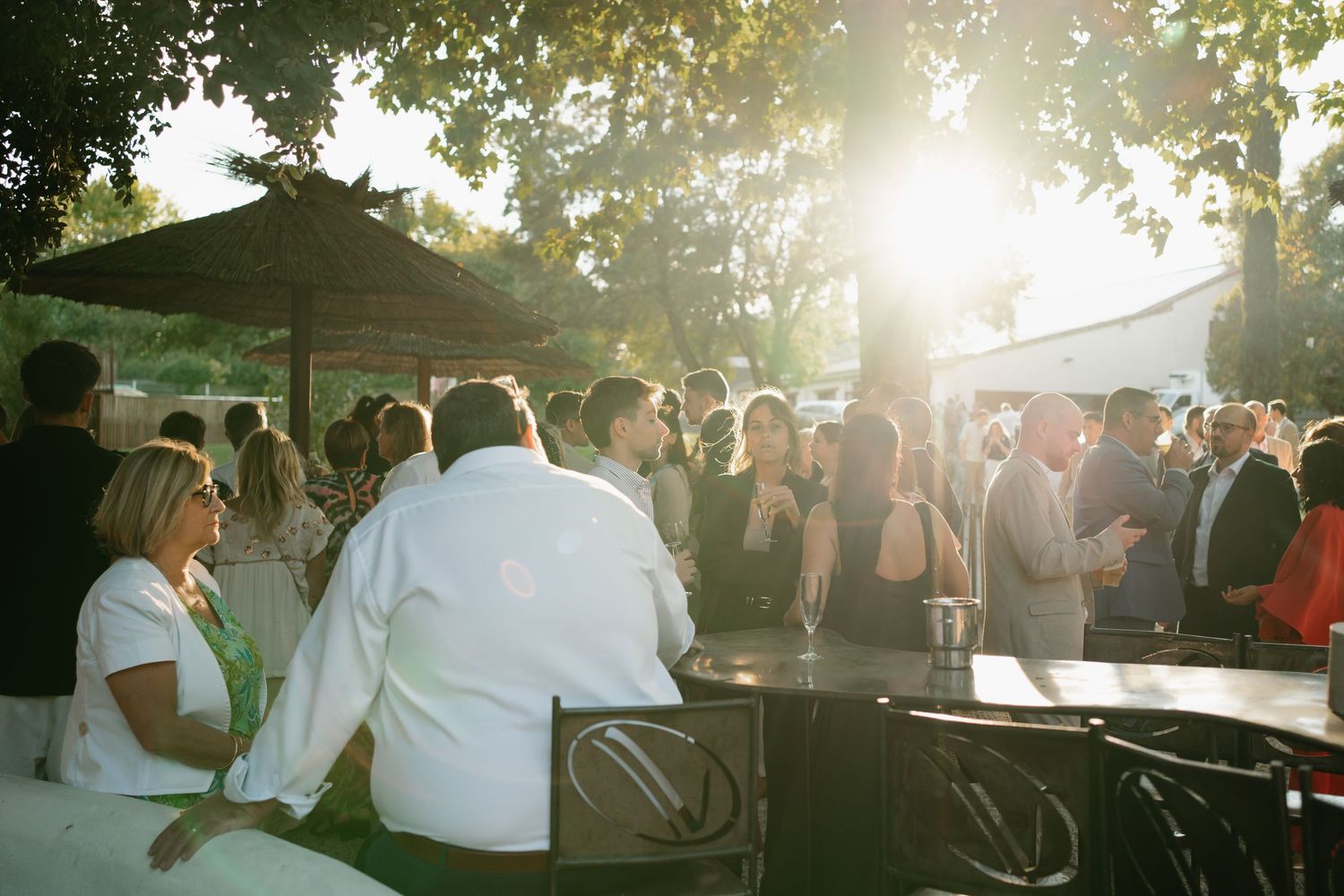 People gathered outdoors at a backyard event during sunset with bright sunlight streaming through the trees.