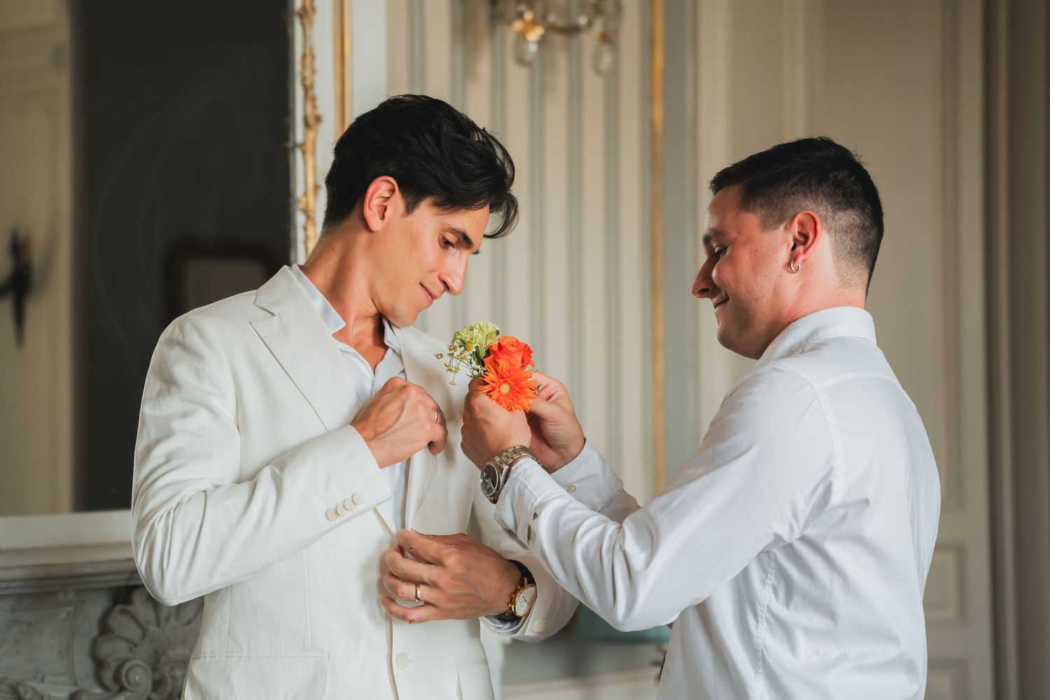 A romantic wedding couple shares intimate moments in a series of candid photos against a light interior backdrop.