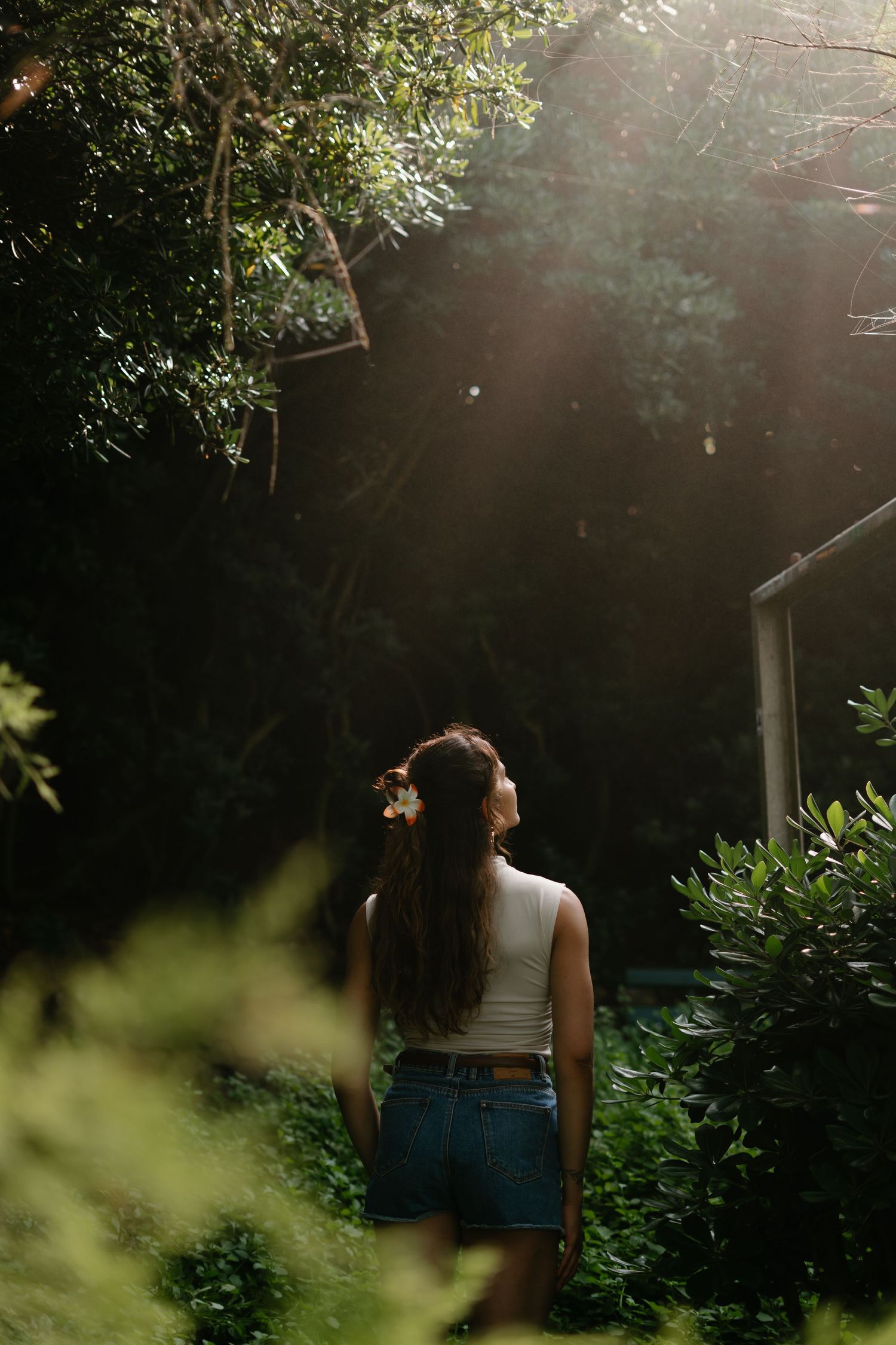 Sunlight filters through trees onto a person sitting in a lush garden setting wearing denim shorts and a white top.