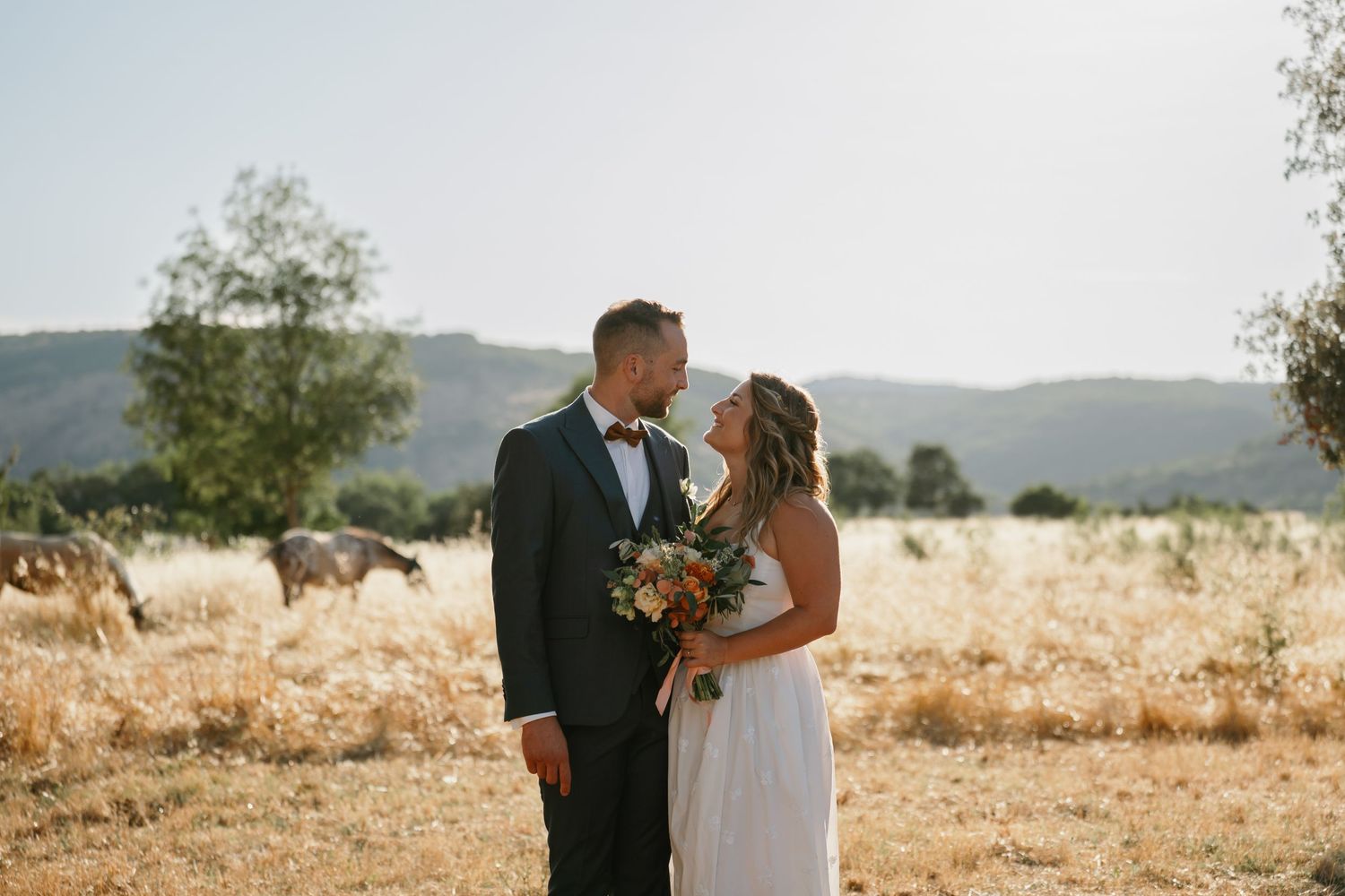A romantic wedding couple embraces in a golden field at sunset with mountains in the background.