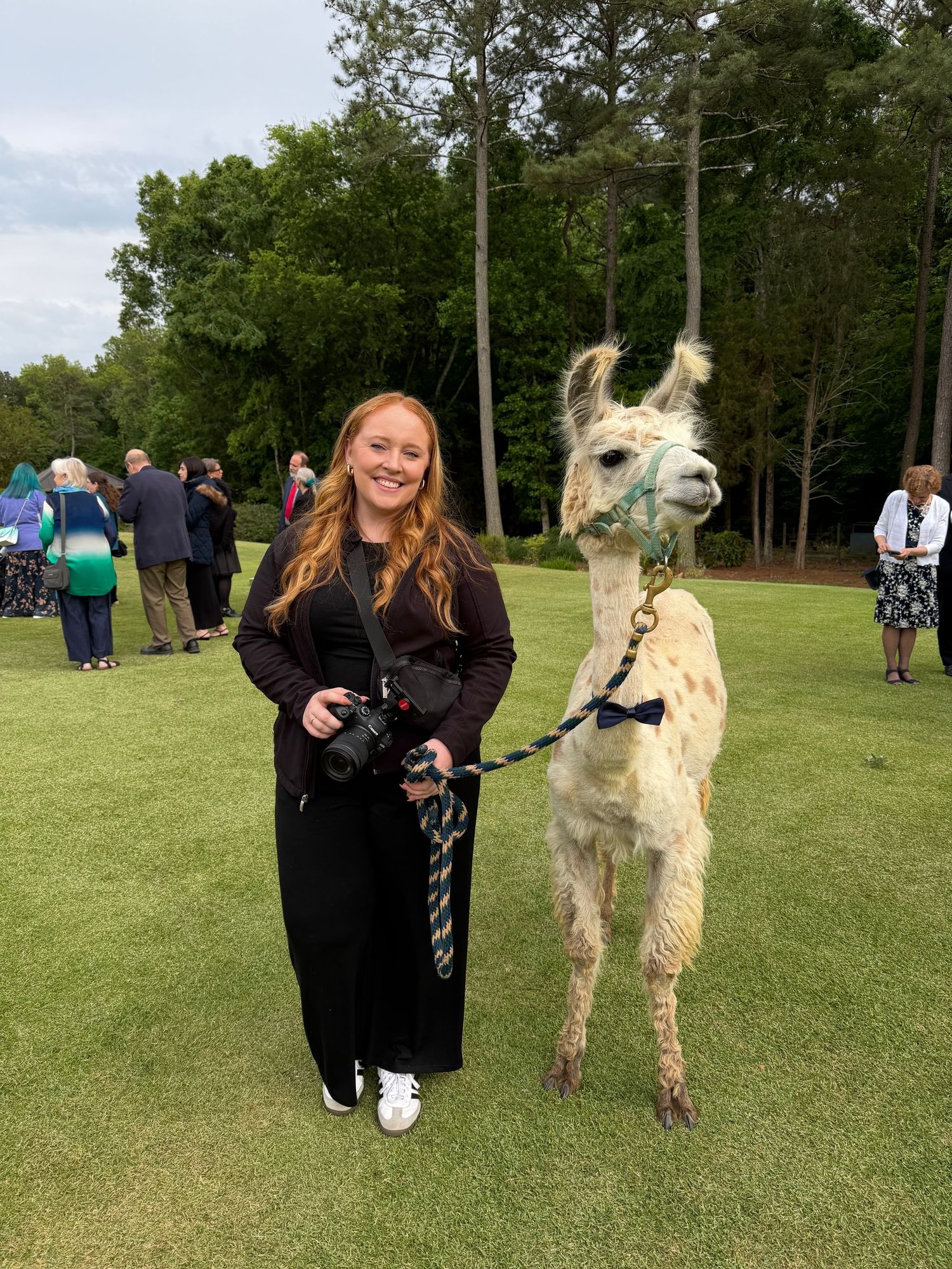 Smiling woman with red hair and a camera stands on a lawn holding the leash of a llama wearing a blue bow tie at an outdoor gathering.