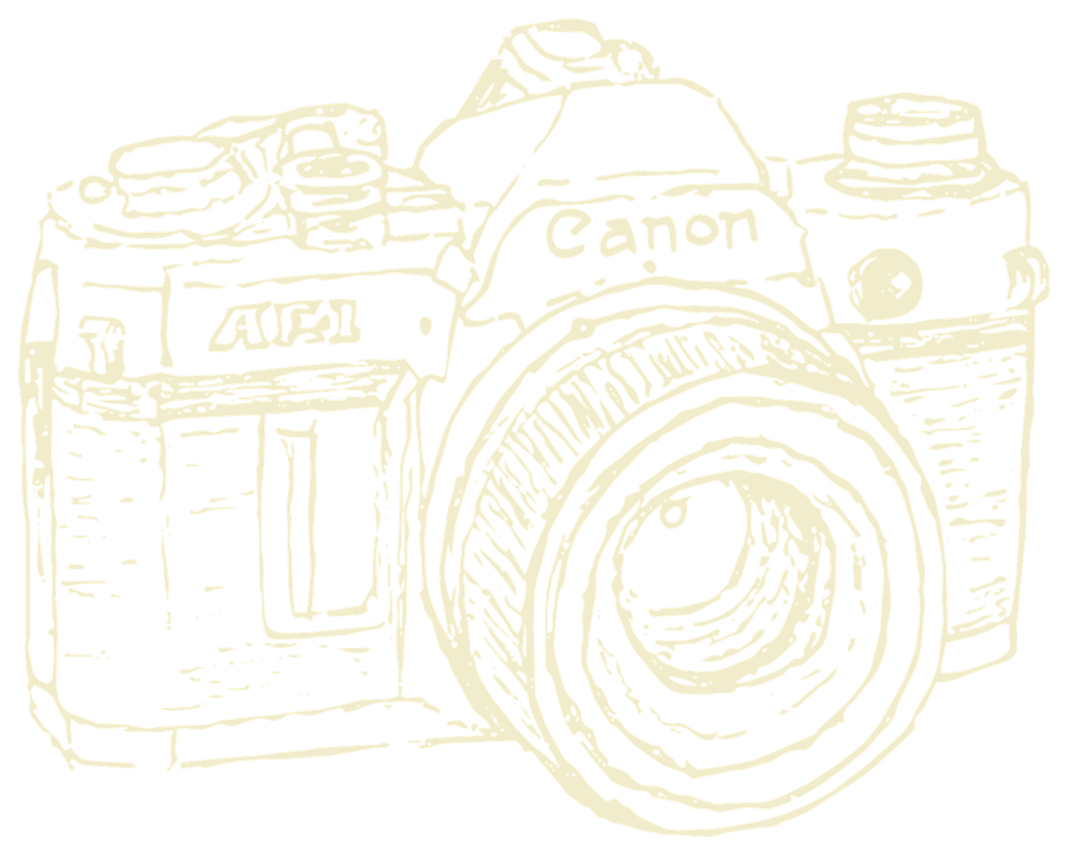 Minimalist line art illustration of a vintage Canon AE-1 film camera in soft yellow tones on white background.