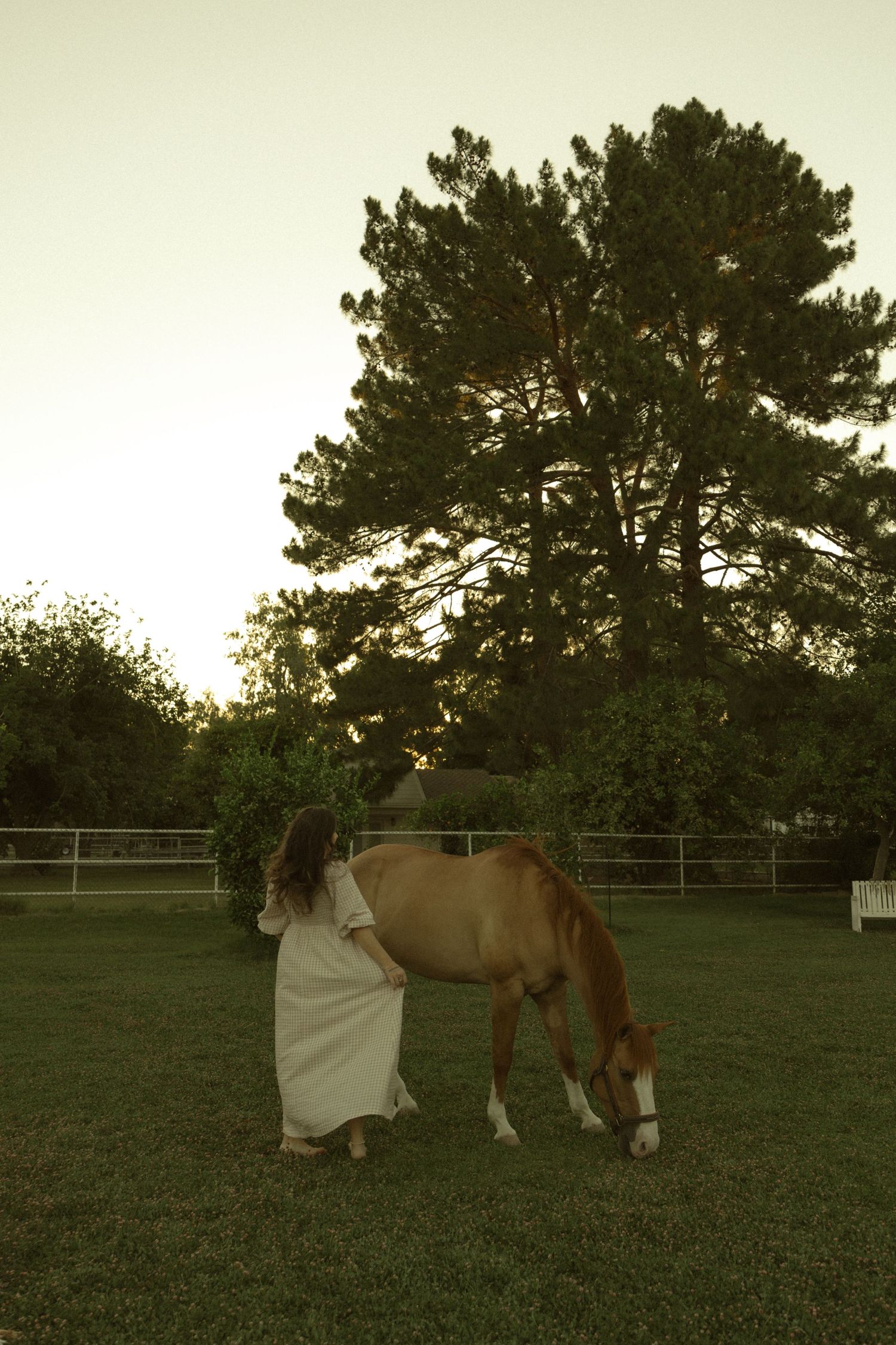 Woman in white dress standing beside grazing chestnut horse at dusk.