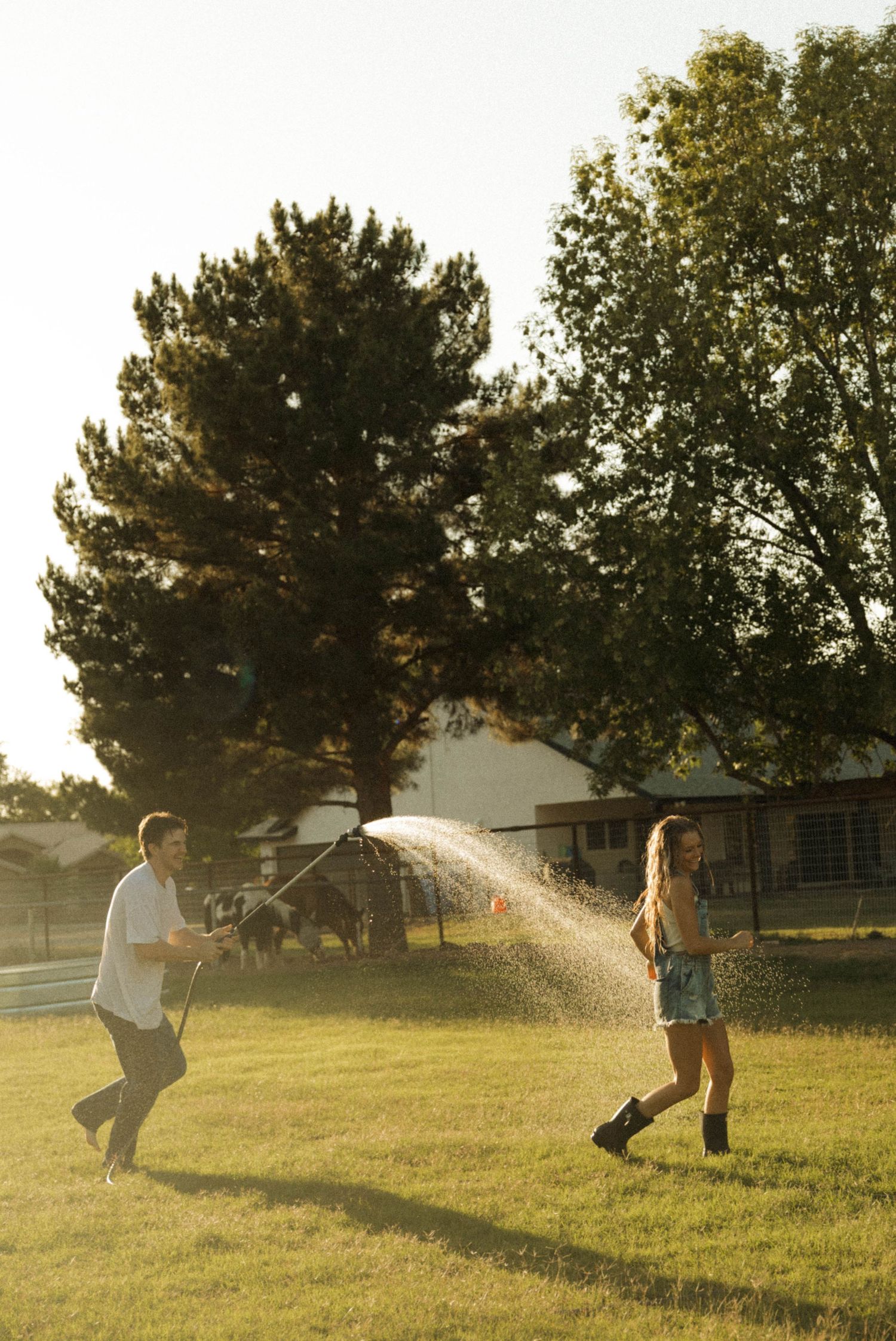 A playful couple laughing and spraying each other with a garden hose on a sunny green lawn.